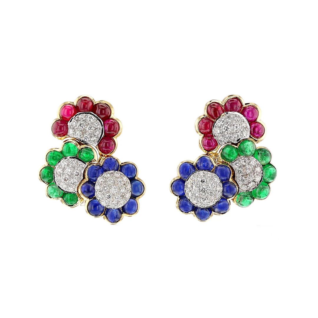 Gold, Ruby, Emerald, Sapphire and Diamond Flower Earclips