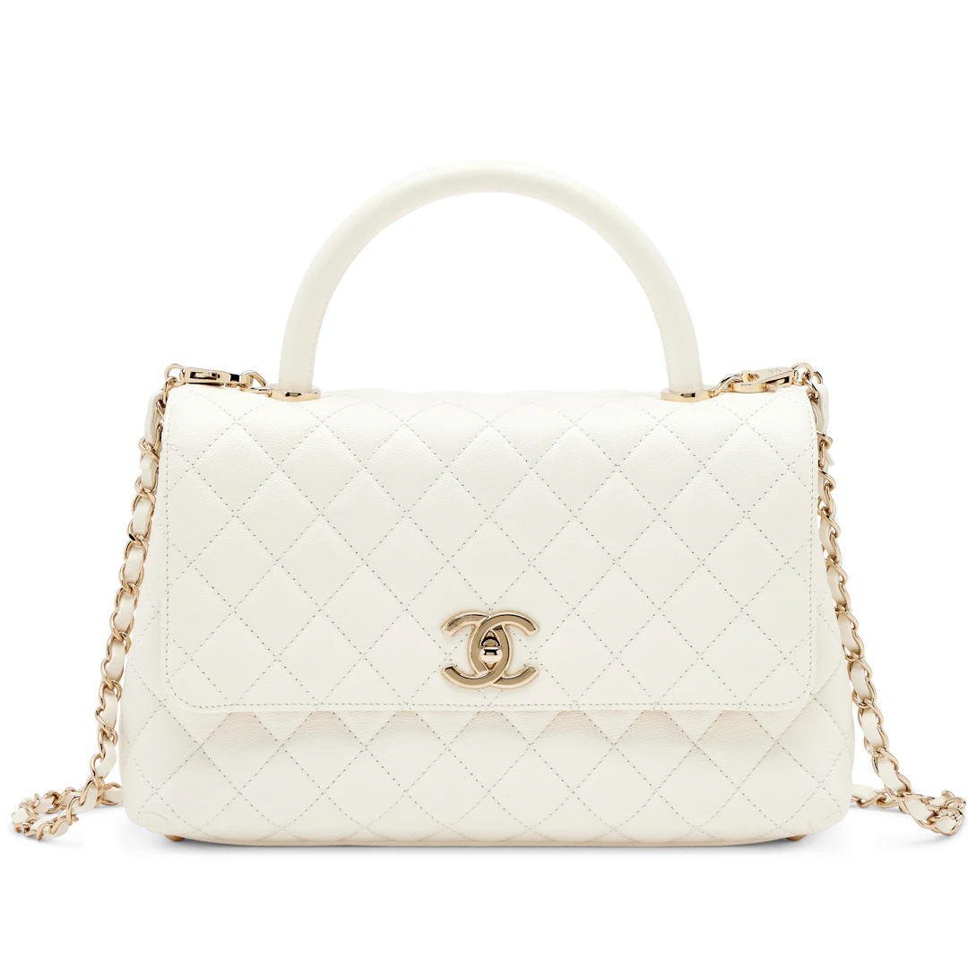 White Quilted Caviar Small Coco Top Handle Light Gold Hardware, 2022