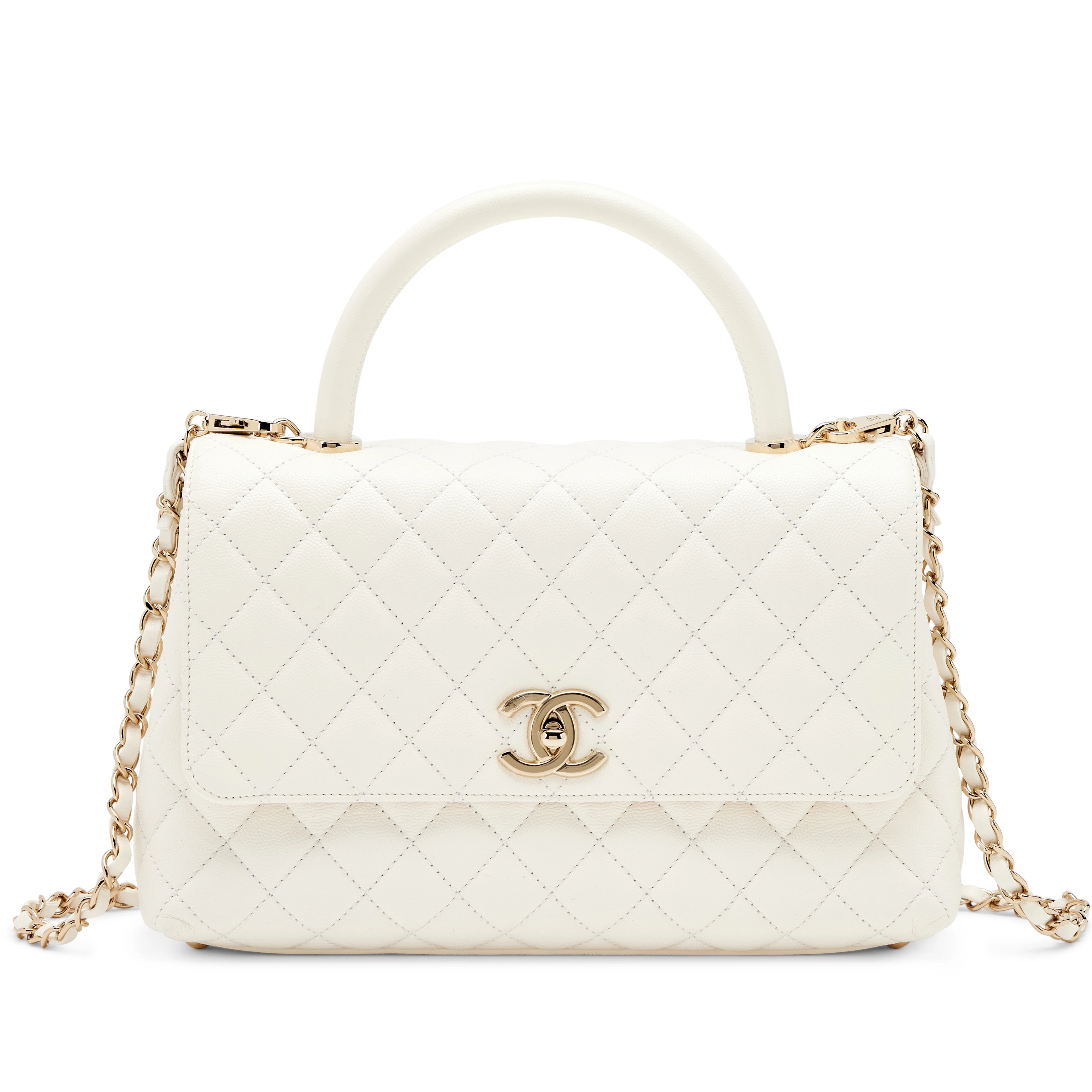 White Quilted Caviar Small Coco Top Handle Light Gold Hardware, 2022