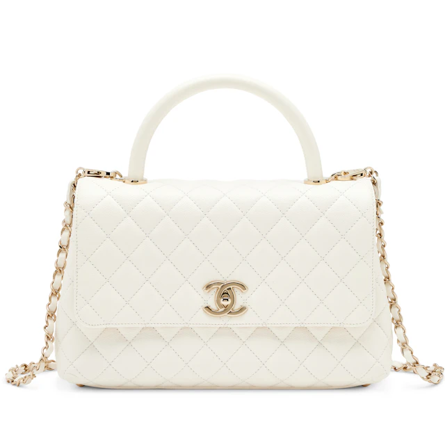 White Quilted Caviar Small Coco Top Handle Light Gold Hardware, 2022