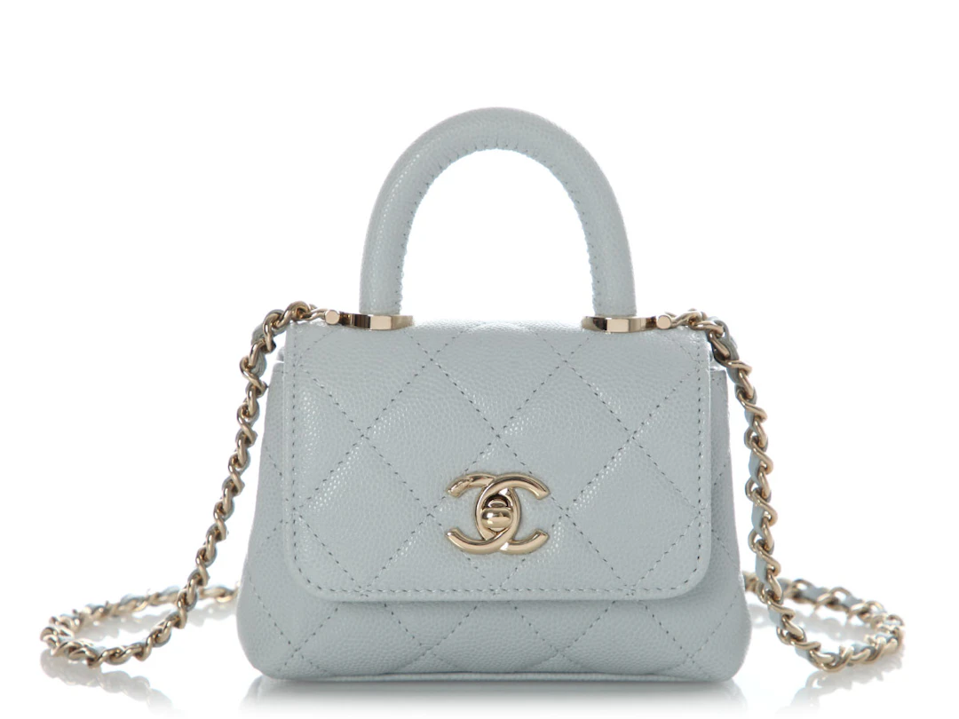 Light Blue Quilted Caviar Nano Coco Top Handle Gold Hardware, 2024