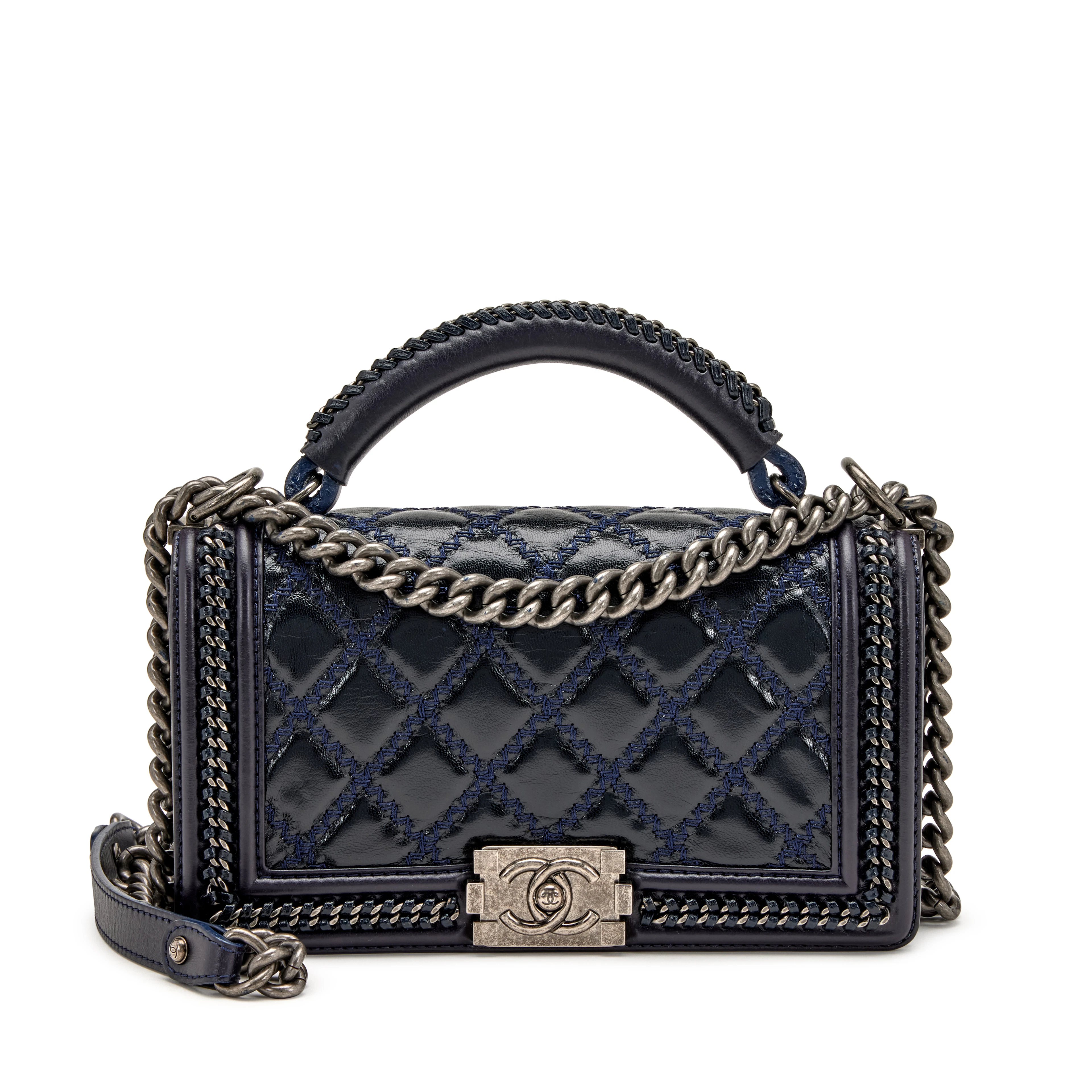Navy Quilted Lambskin Old Medium Top Handle Boy Bag Ruthenium Hardware