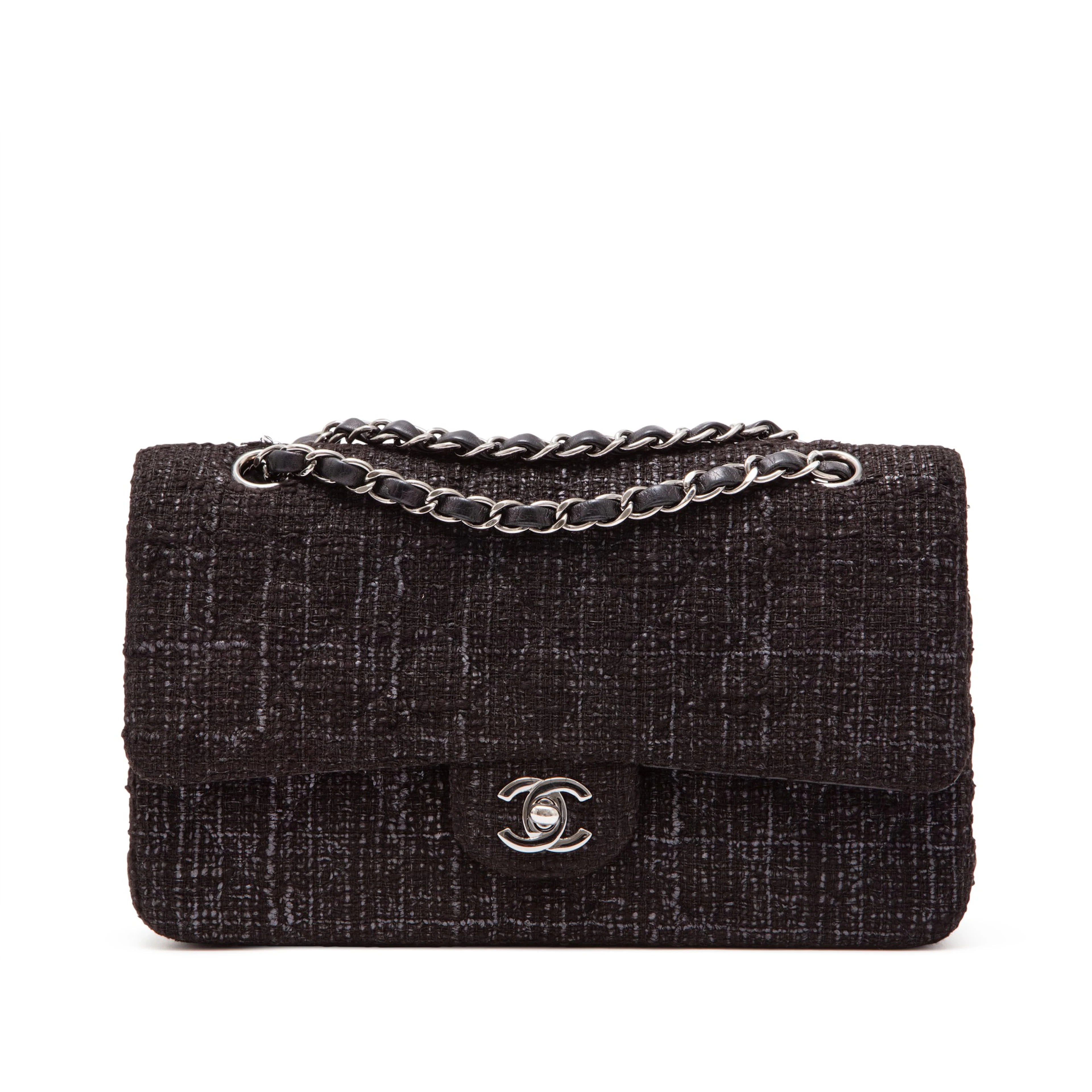 Black Quilted Tweed Medium Double Flap Bag Silver Hardware, 2005
