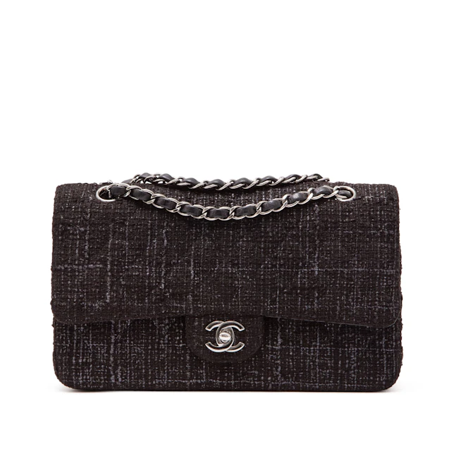 Black Quilted Tweed Medium Double Flap Bag Silver Hardware, 2005