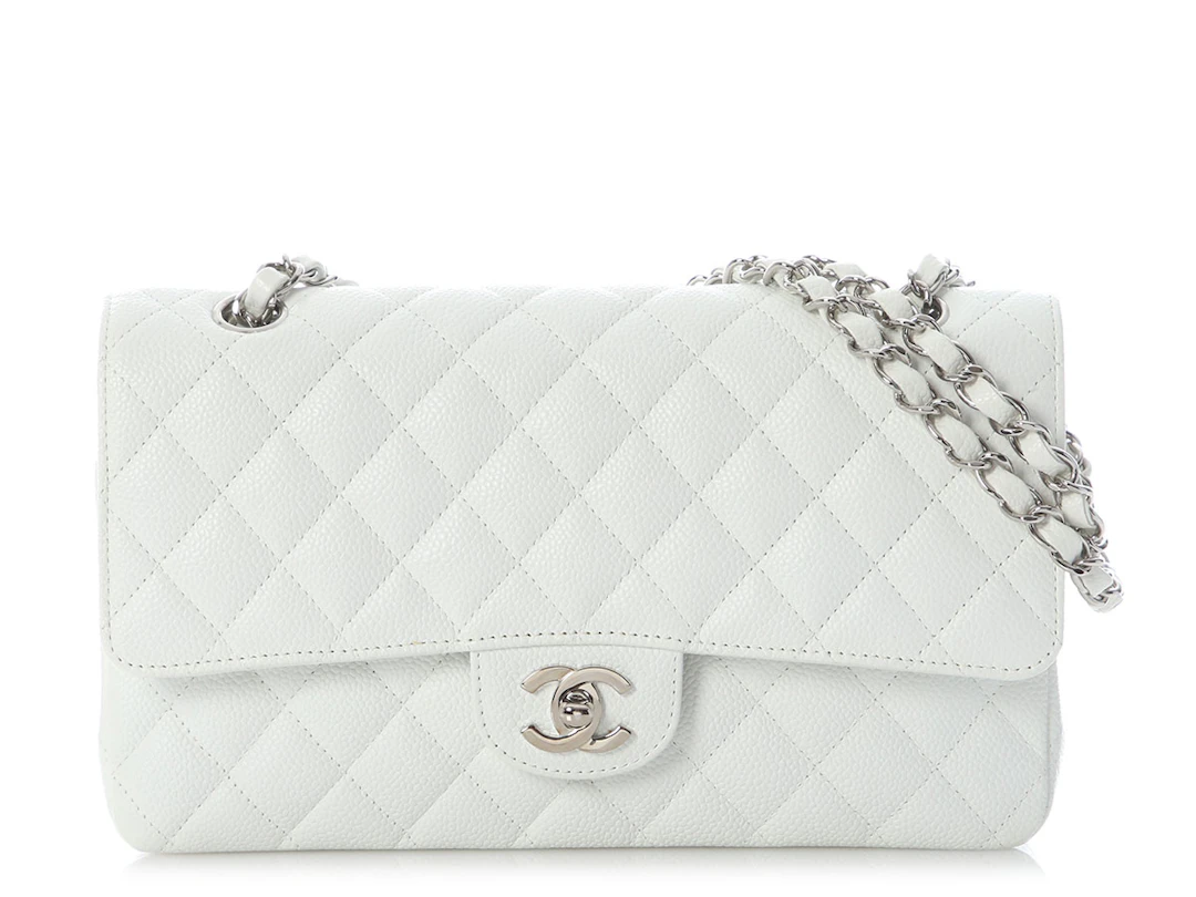 White Quilted Caviar Medium Classic Double Flap Bag Silver Hardware, 2006-2008