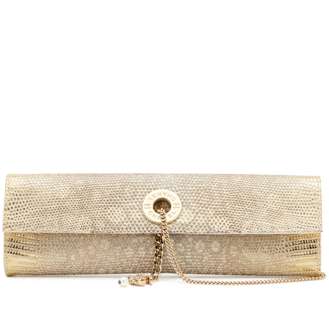 Vintage Ombre Gold Lizard Imitation Pearl Evening Clutch Brushed Gold