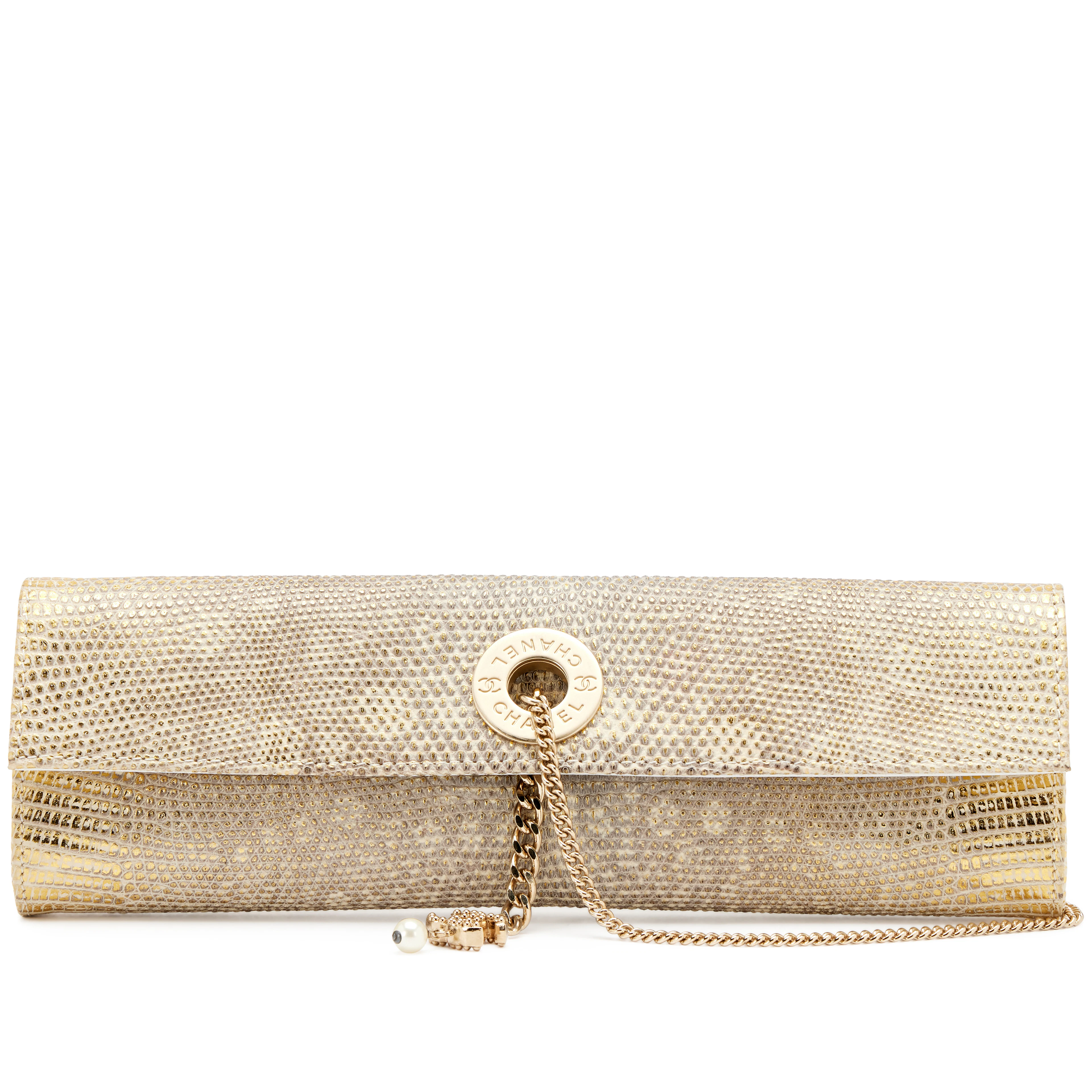 Vintage Ombre Gold Lizard Imitation Pearl Evening Clutch Brushed Gold
