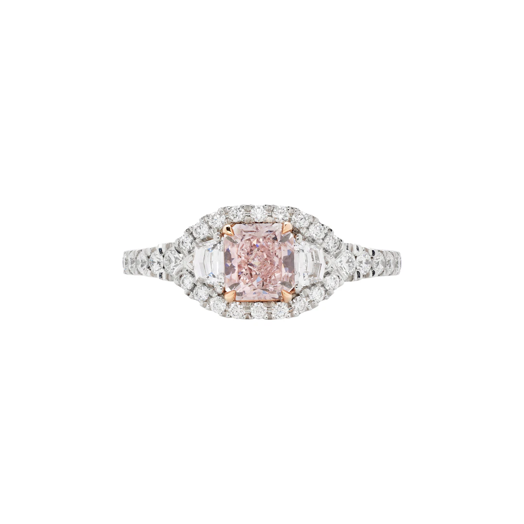 Platinum, Rose Gold, 0.75ct Radiant Cut Fancy Pink Diamond and Diamond Ring