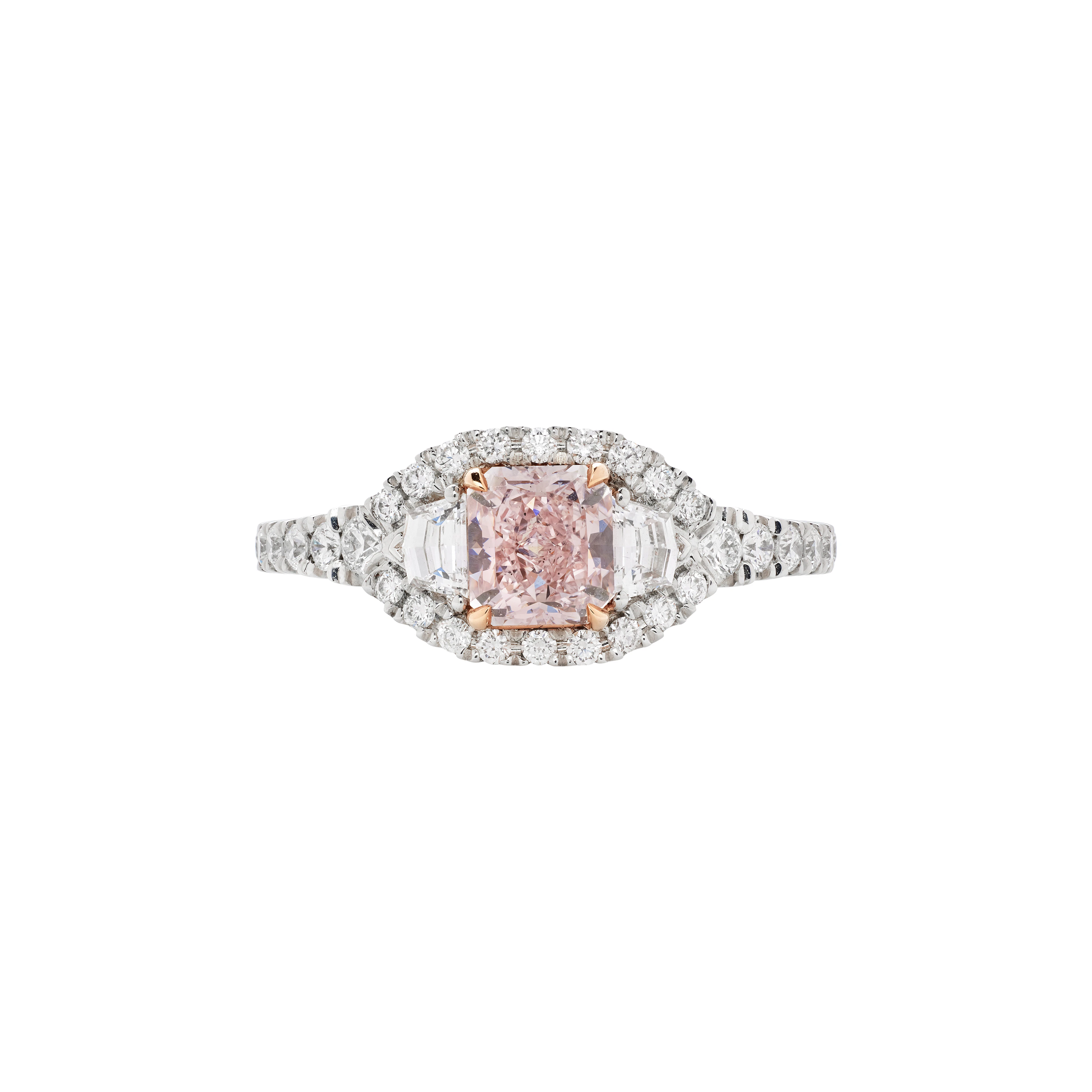 Platinum, Rose Gold, 0.75ct Radiant Cut Fancy Pink Diamond and Diamond Ring
