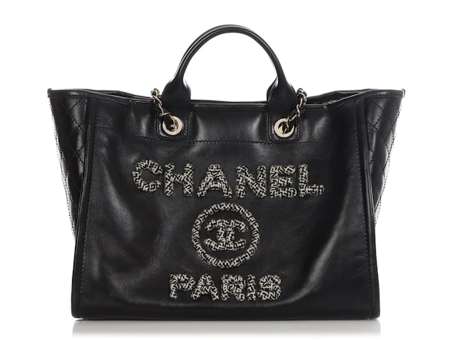 Black Leather Calfskin and Tweed Deauville Large Tote Gold Hardware, 2022