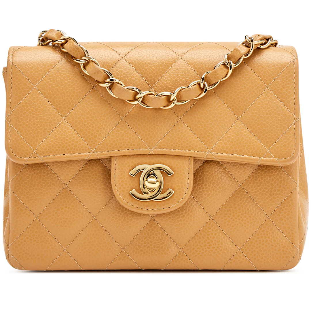 Vintage Camel Beige Quilted Caviar Mini Square Classic Single Flap