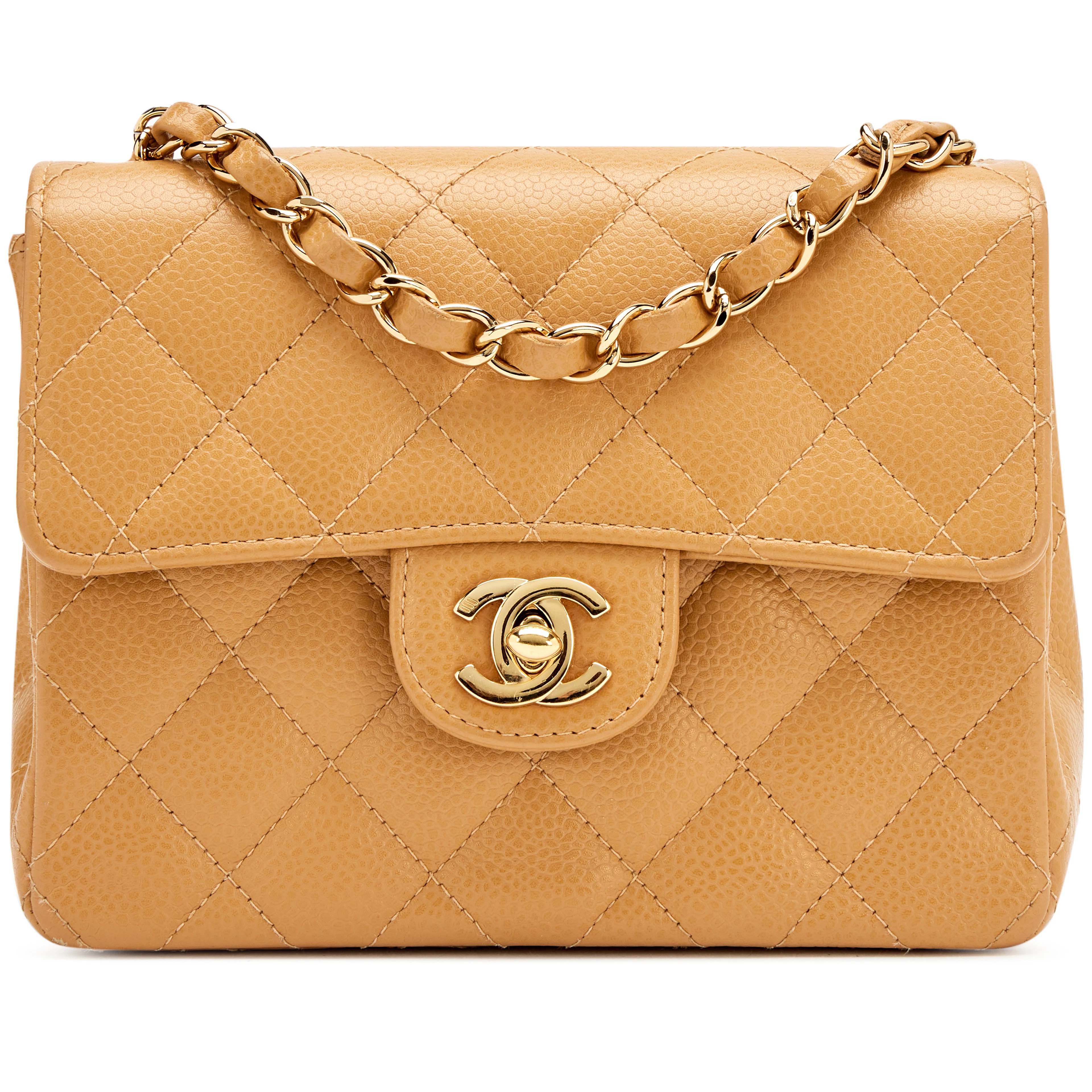 Vintage Camel Beige Quilted Caviar Mini Square Classic Single Flap