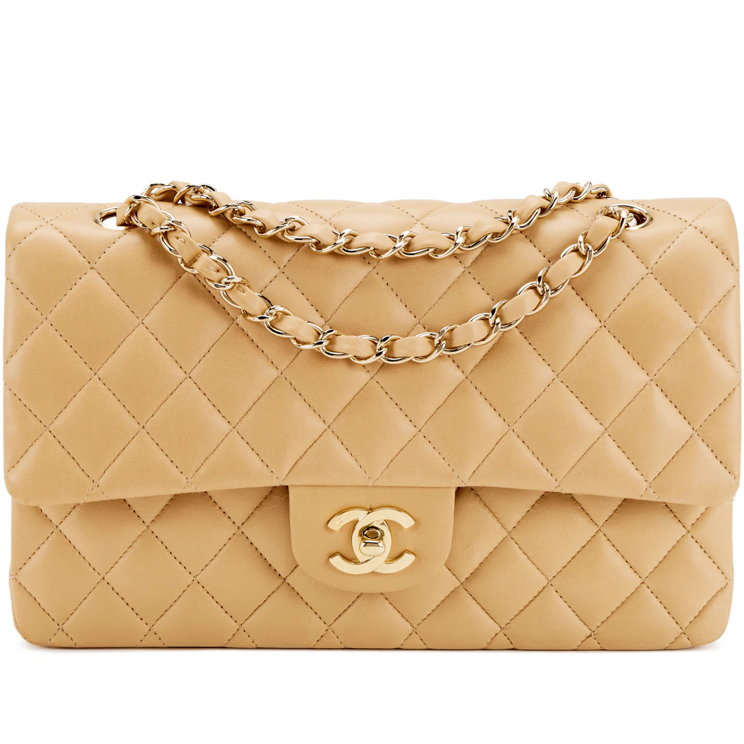 Beige Quilted Lambskin Old Medium Double Flap Gold Hardware, 2003-2004