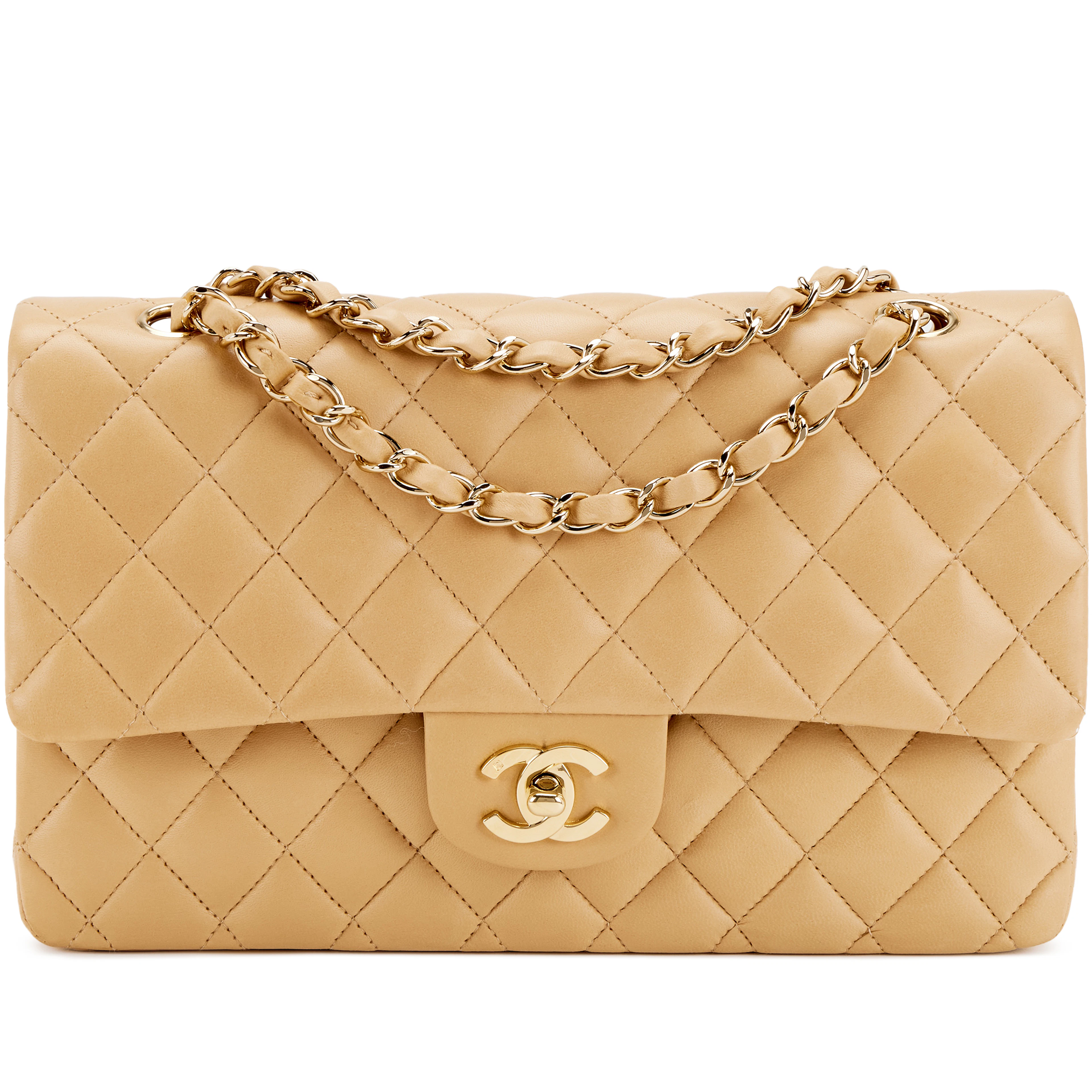 Beige Quilted Lambskin Old Medium Double Flap Gold Hardware, 2003-2004