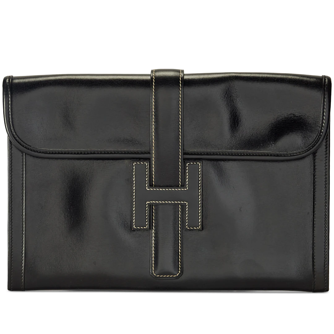 Vintage Black Box Calf Jige 34 GM Clutch Bag, 1978