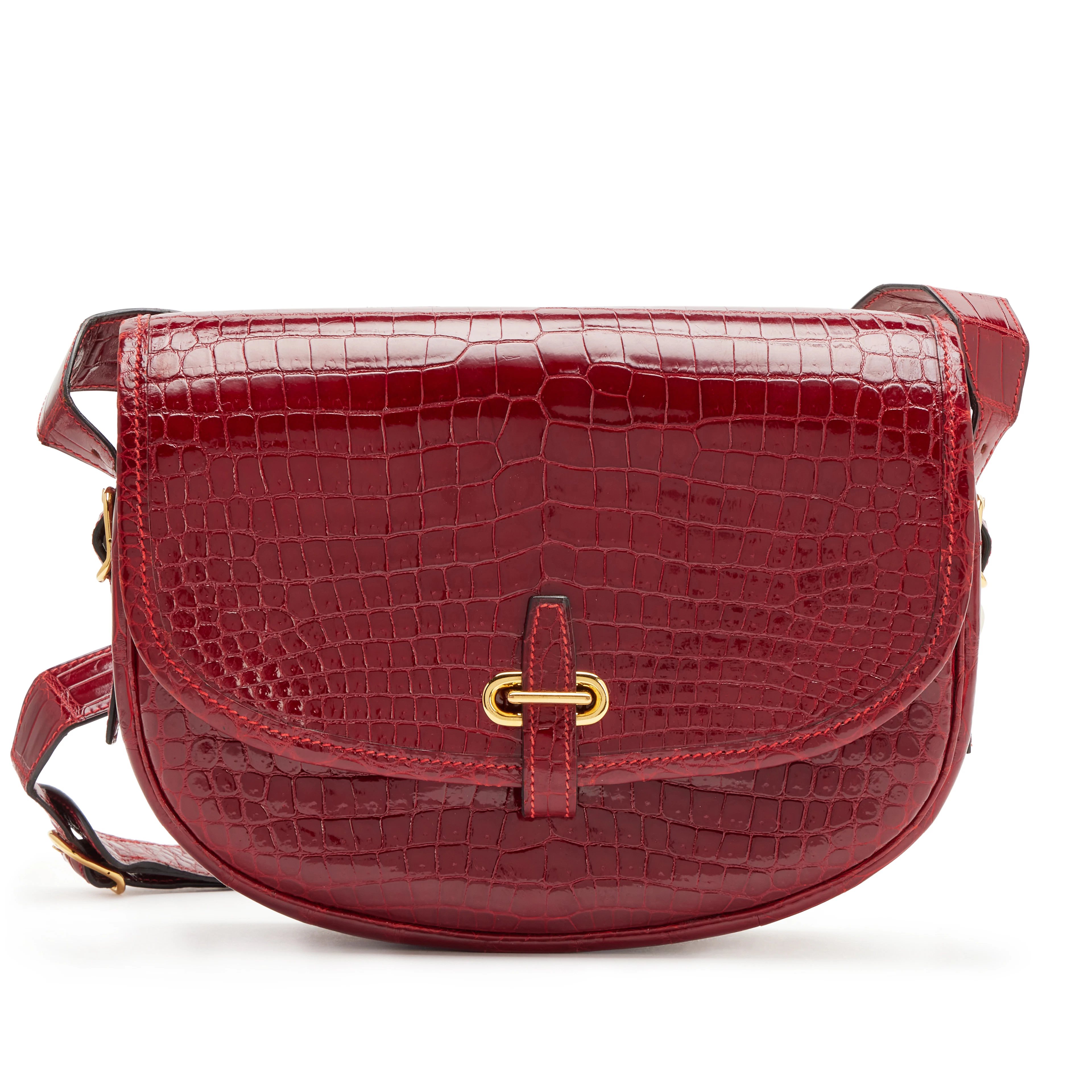 Vintage Rouge Vif Shiny Porosus Crocodile Balle De Golf Bag Gold Hardware