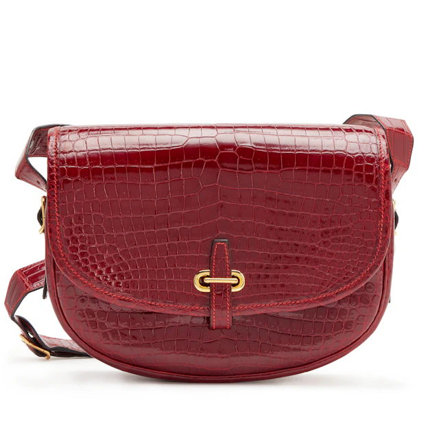 Vintage Rouge Vif Shiny Porosus Crocodile Balle De Golf Bag Gold Hardware
