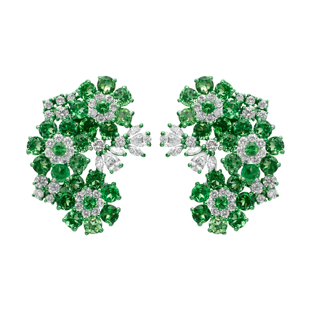 White Gold, Grossular Garnet and Diamond Floral Earclips