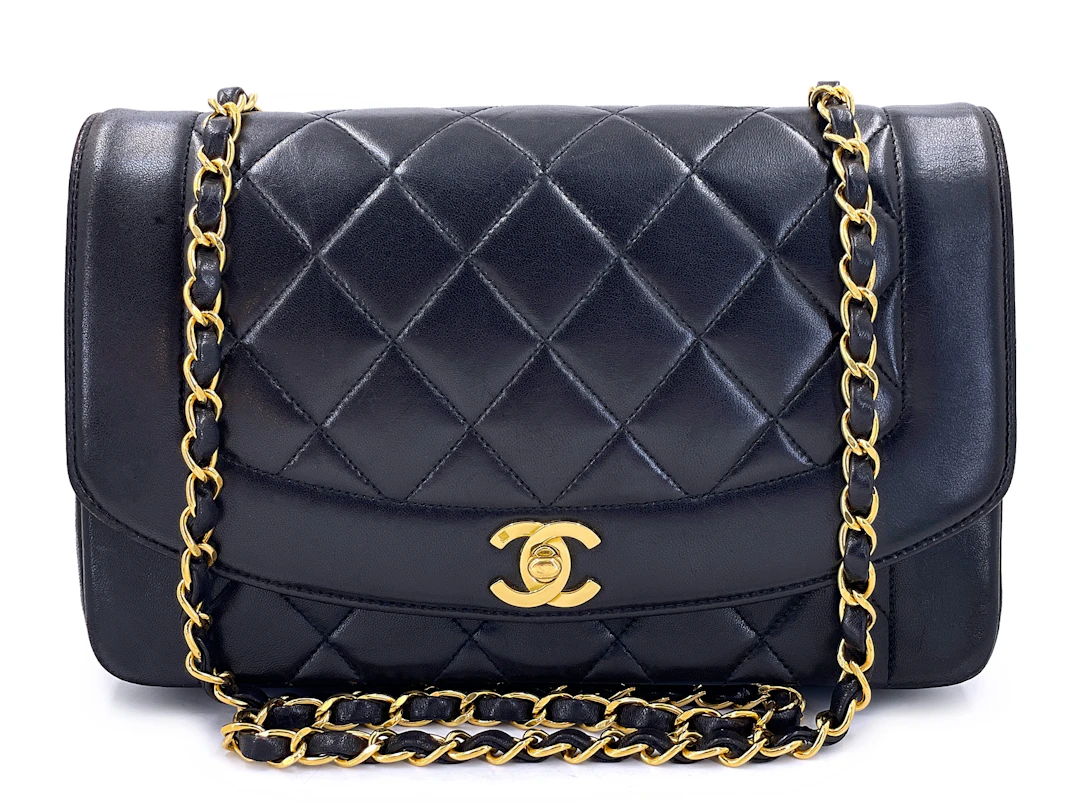 Vintage Black Quilted Lambskin Medium Diana Flap Bag Gold Hardware, 1994