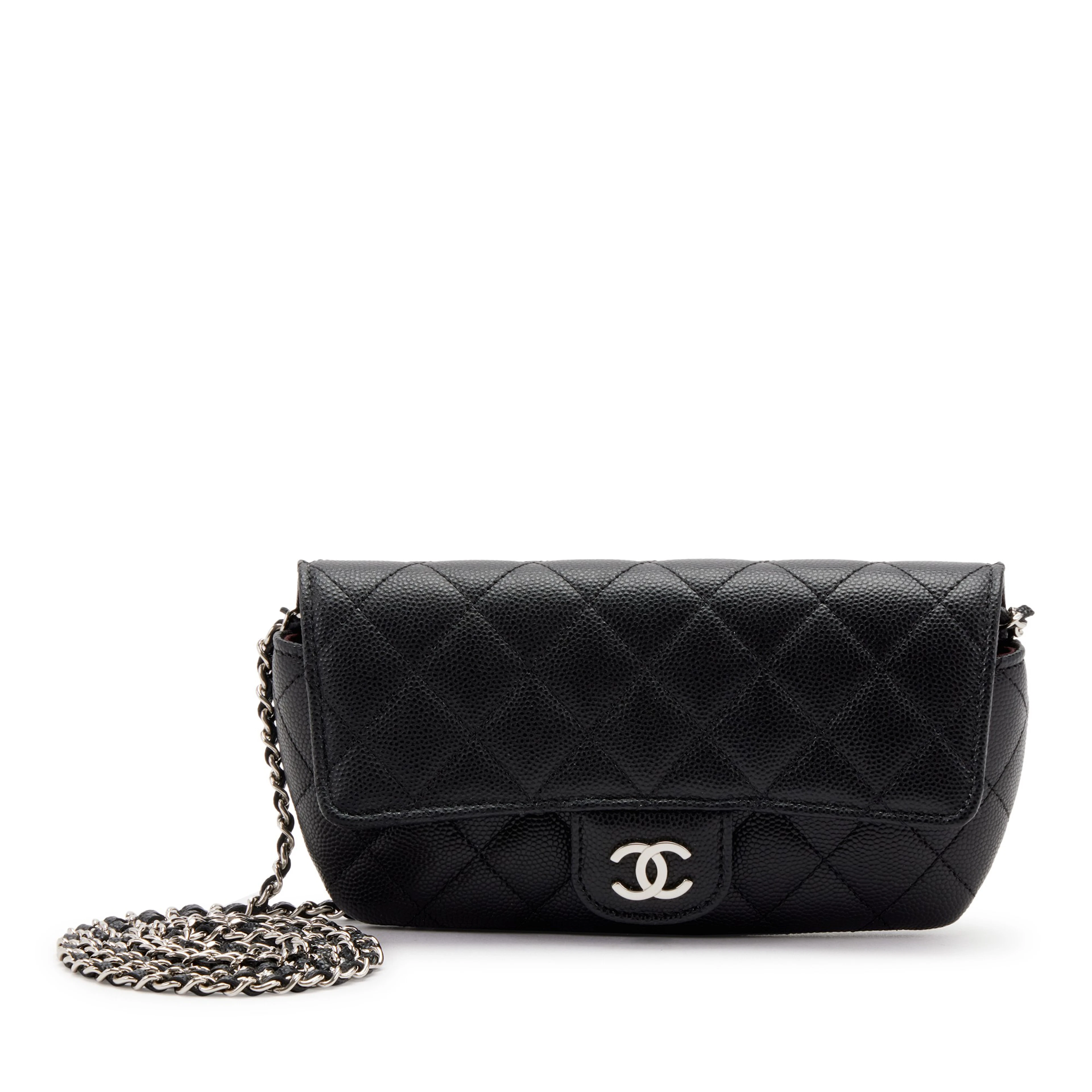 Black Quilted Caviar Glasses Case on Chain Silver Hardware, 2021