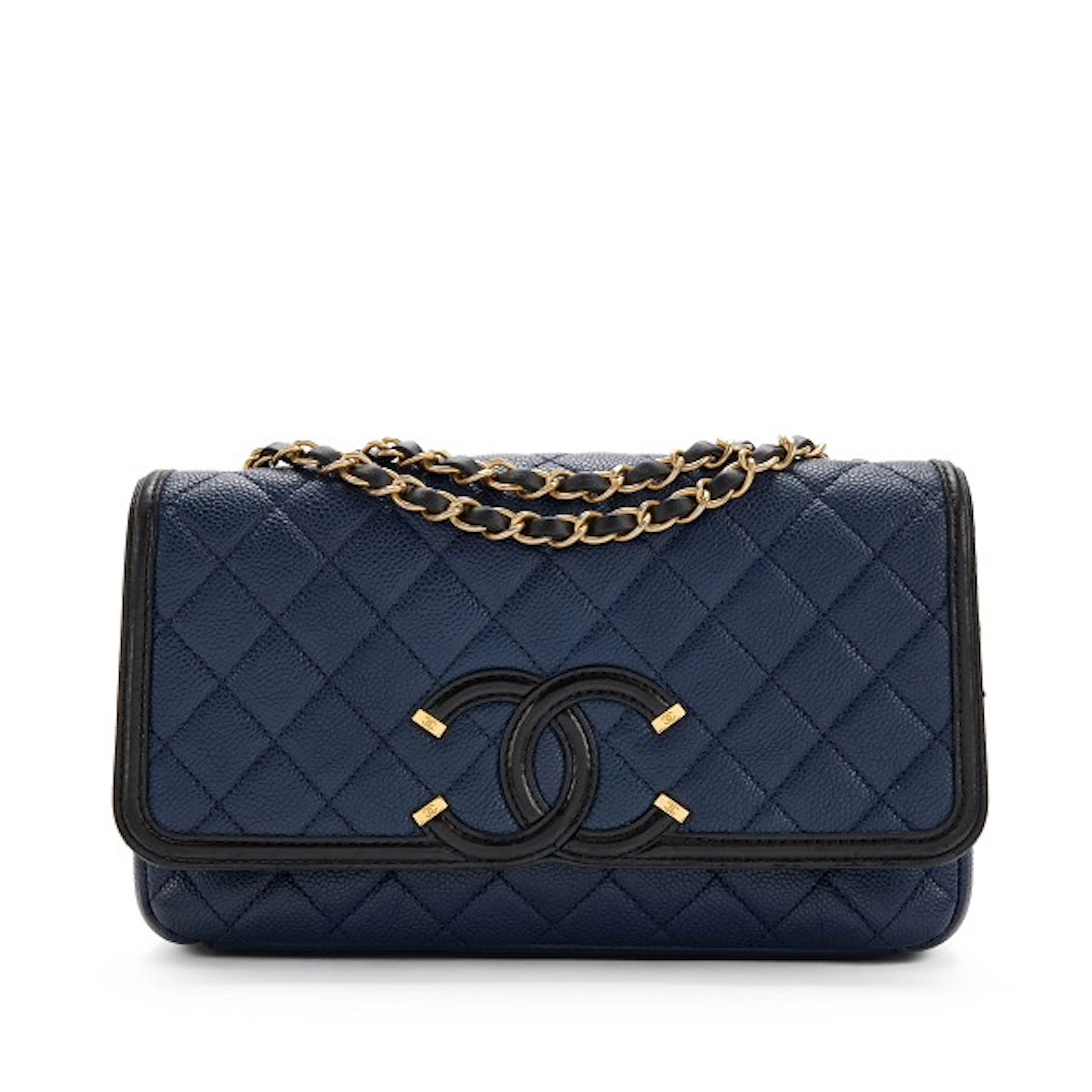 Navy Quilted Caviar and Black Lambskin Medium CC Filigree Flap Bag