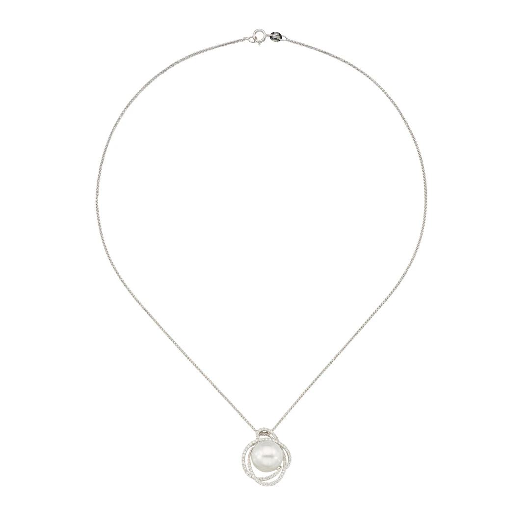 White Gold, South Sea Cultured Pearl and Diamond Pendant Necklace