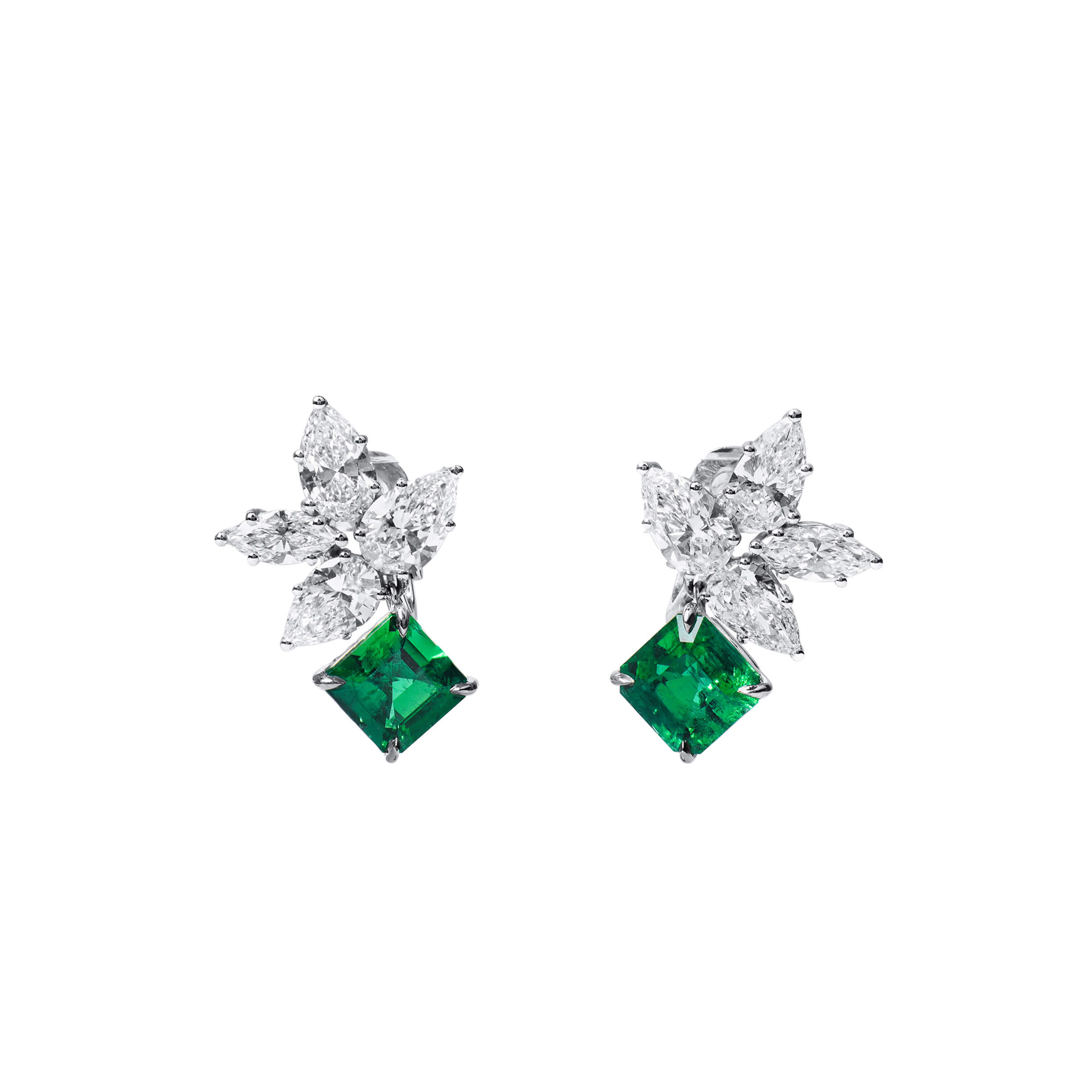 White Gold, 3.66ctw Colombian Emerald and Diamond Cluster Drop Earrings