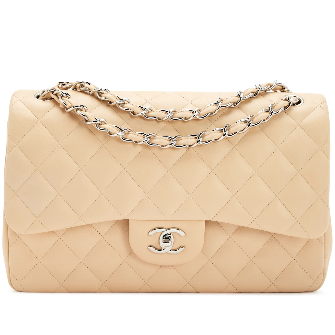 Beige Quilted Lambskin Jumbo Classic Double Flap Bag Silver Hardware, 2014-2015