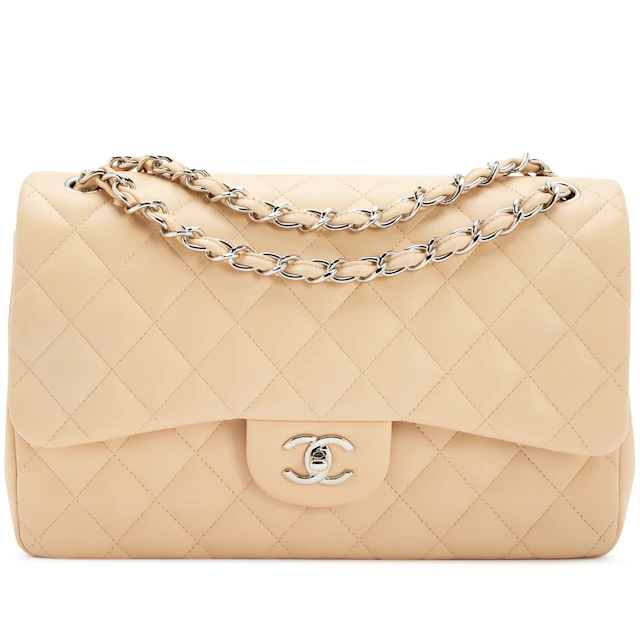 Beige Quilted Lambskin Jumbo Classic Double Flap Bag Silver Hardware, 2014-2015