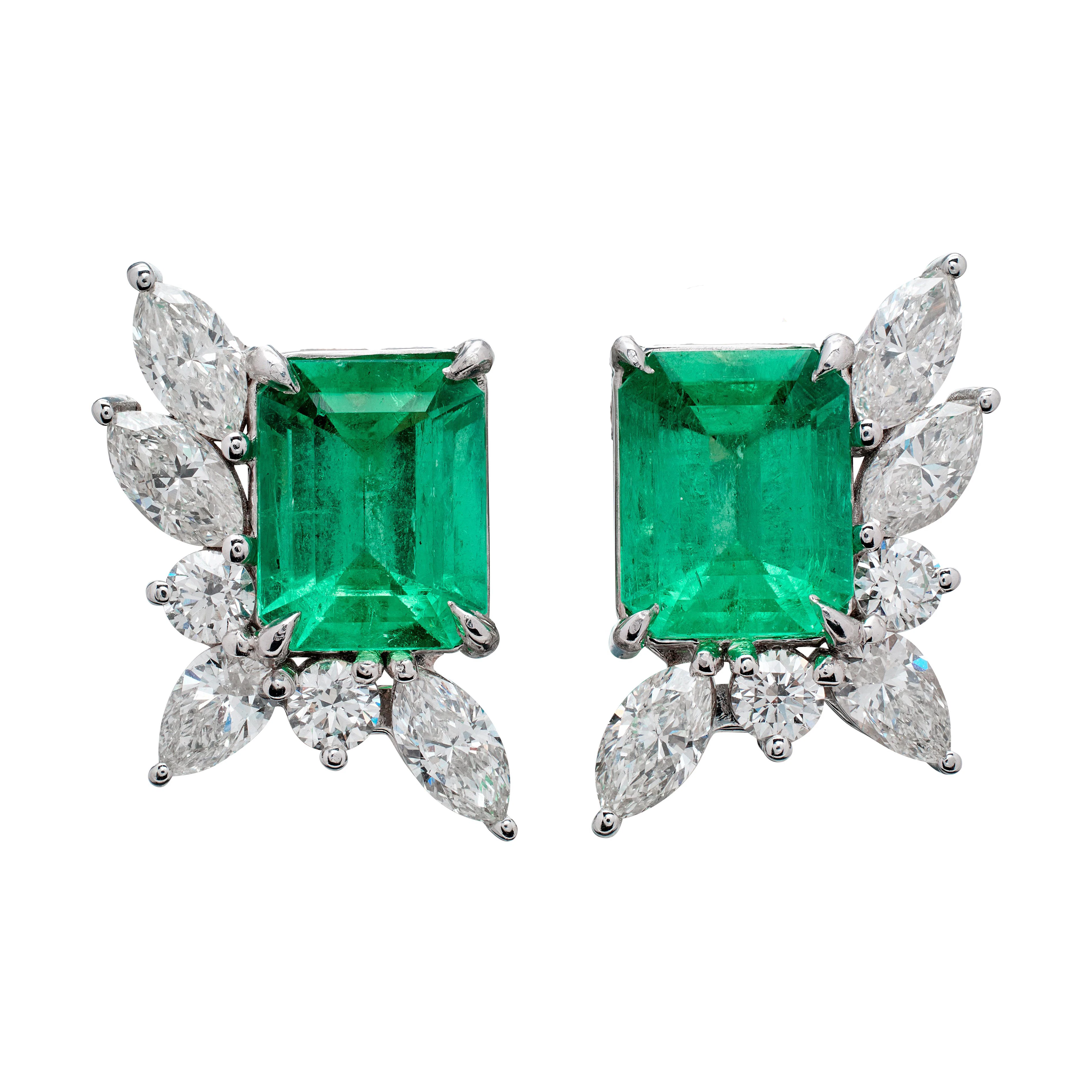 White Gold, 4.83ctw Colombian Emerald and Diamond Cluster Earclips