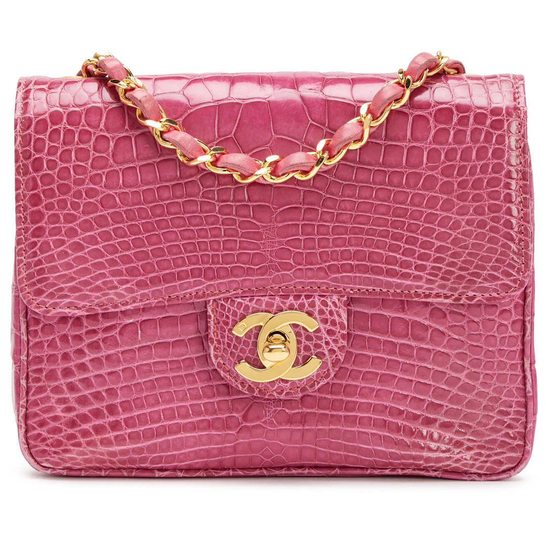 Vintage Berry Pink Shiny Alligator Mini Square Classic Flap Bag Gold