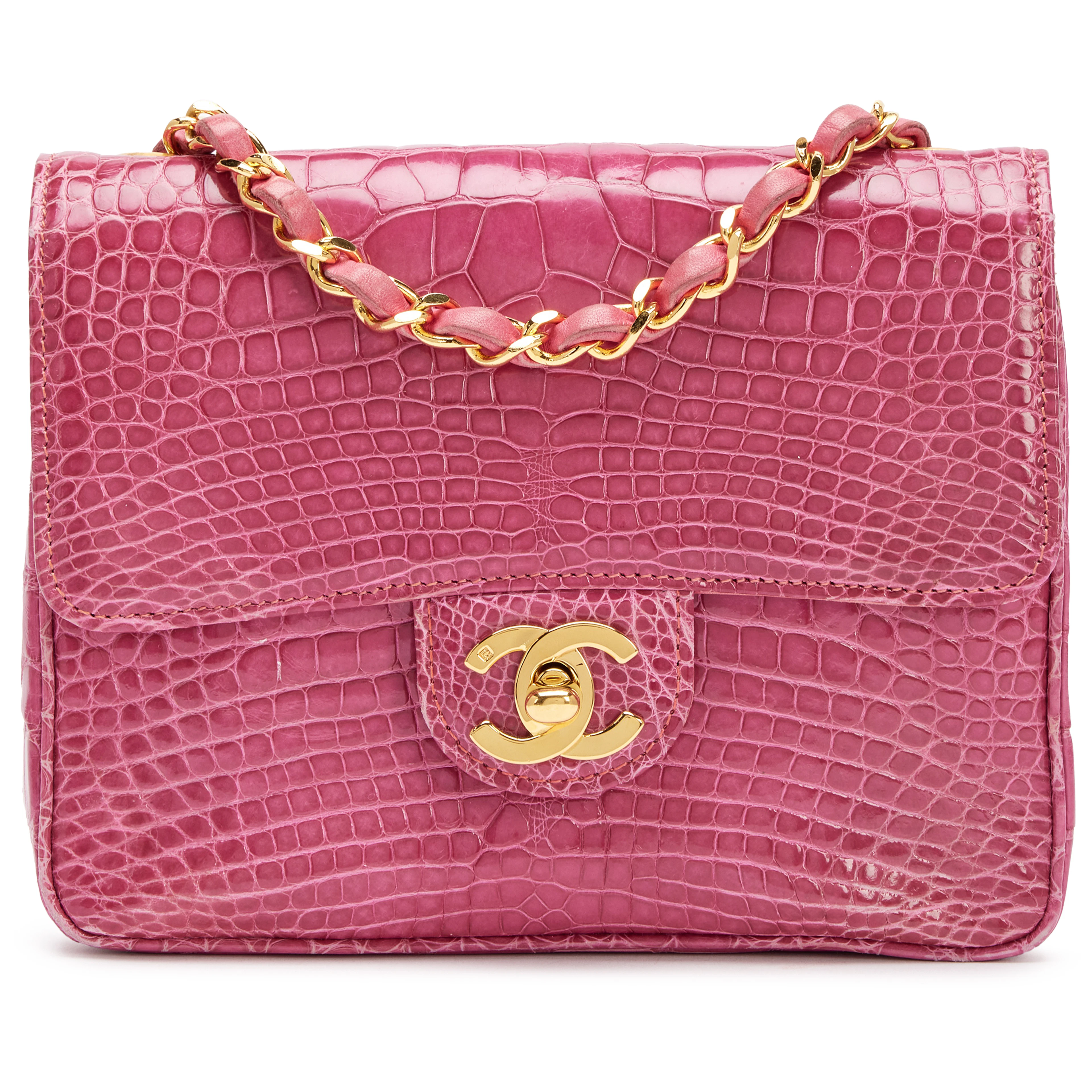 Vintage Berry Pink Shiny Alligator Mini Square Classic Flap Bag Gold