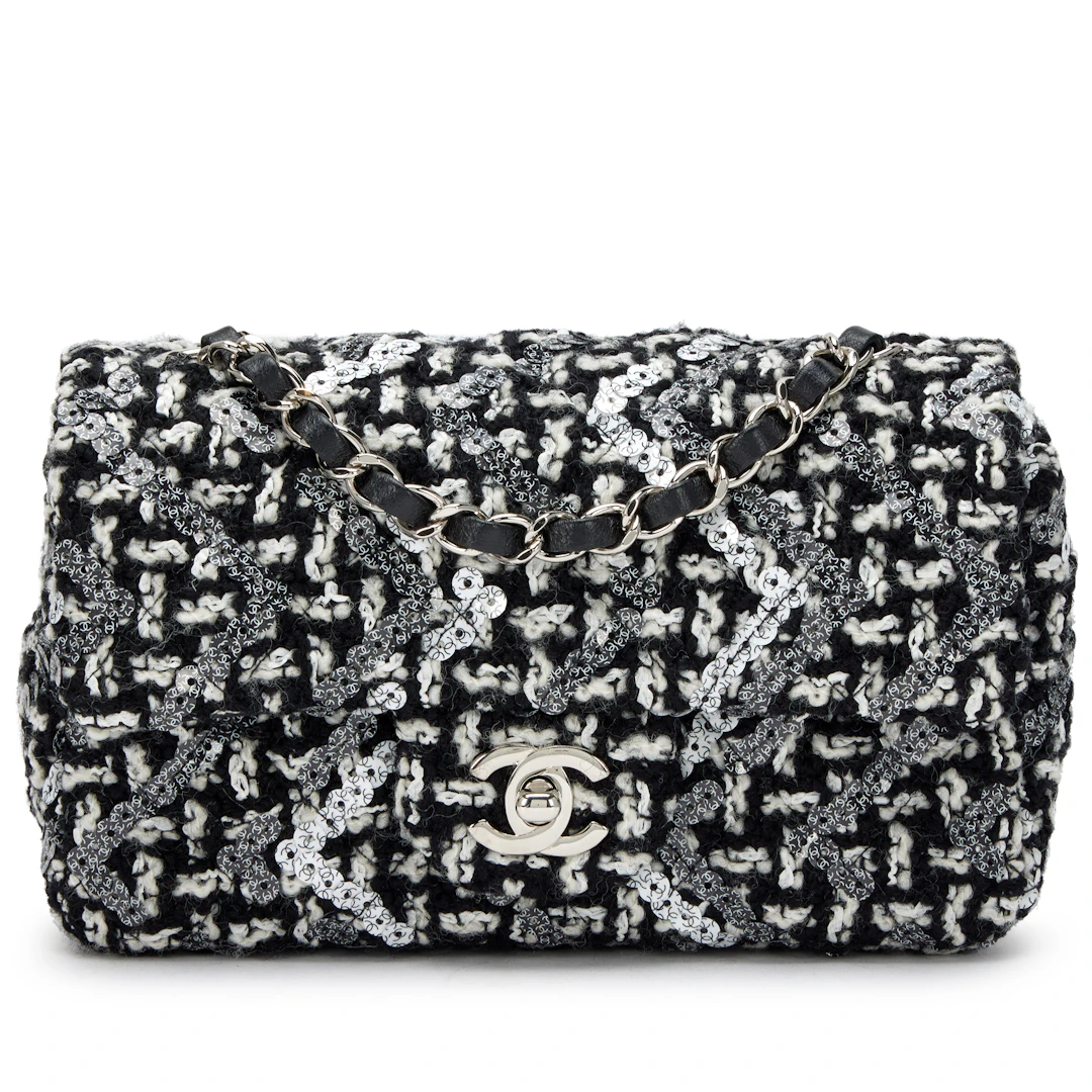 Black and White Tweed Sequin Mini Rectangular Classic Single Flap