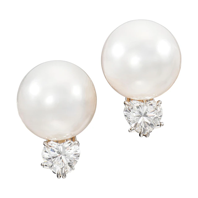 Platinum, Cultured Pearl and Diamond Earclips