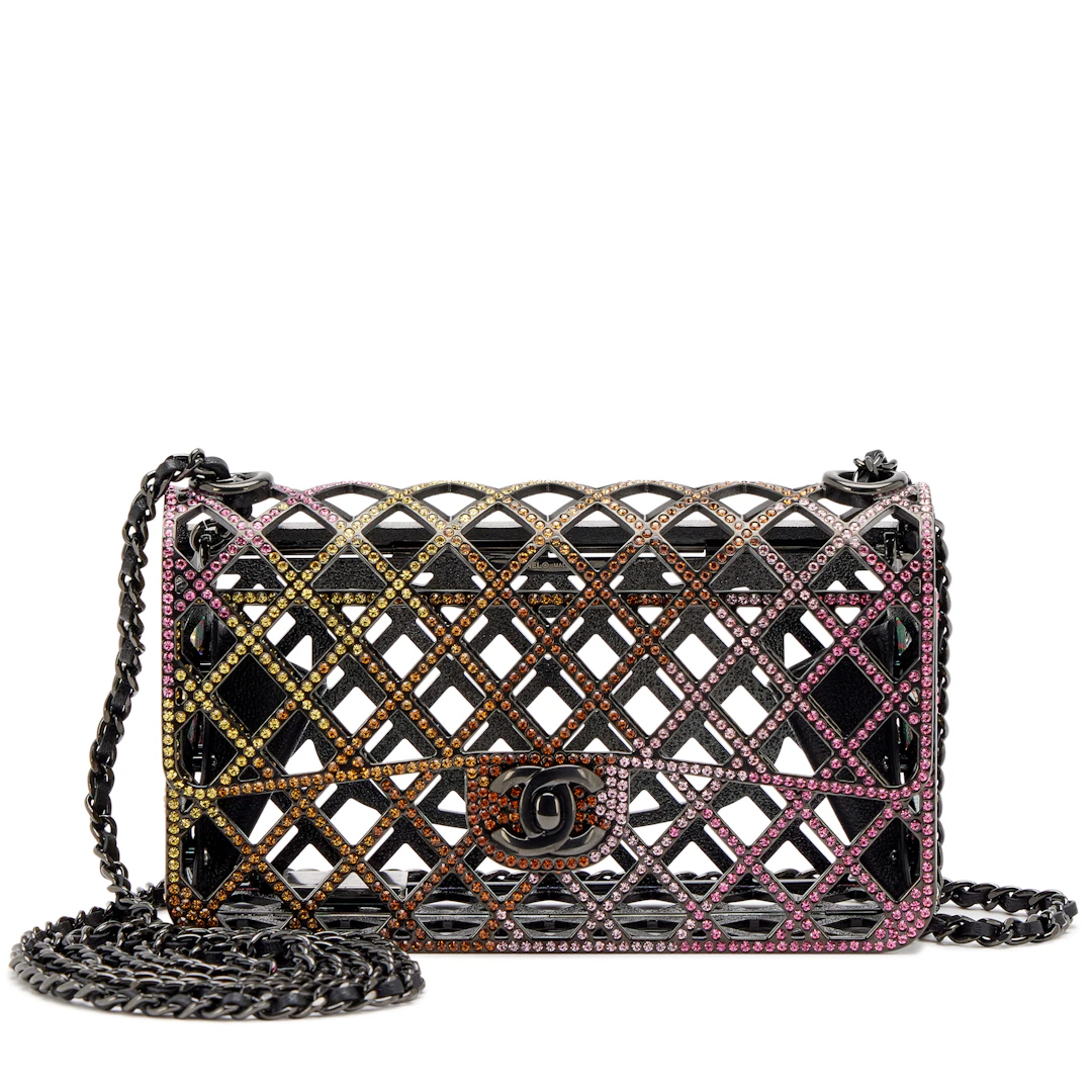 Multicolor Strass Crystal and Black Ruthenium Quilted Cage Mini Evening