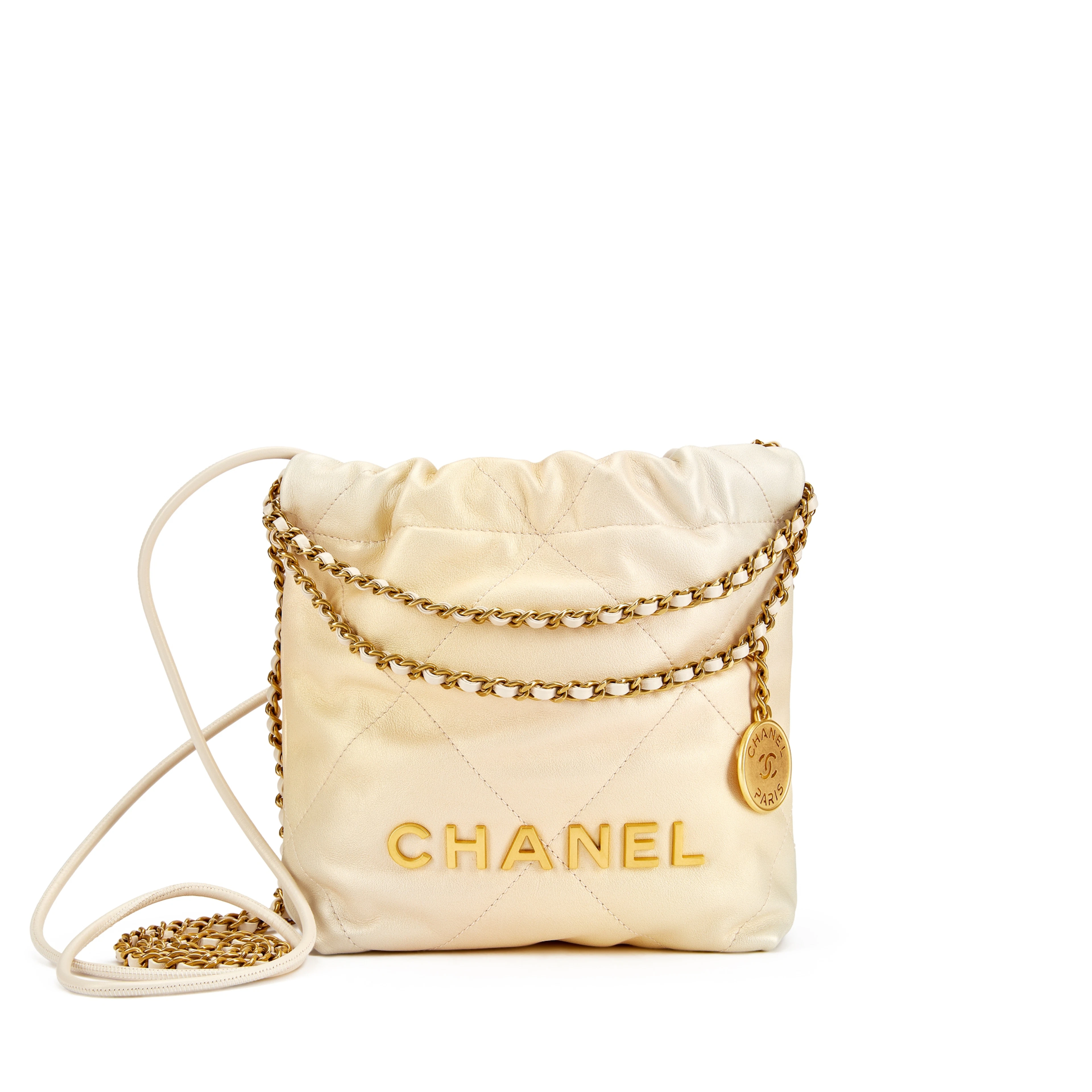 Pearl White Quilted Calfskin Mini 22 Bag Gold Hardware