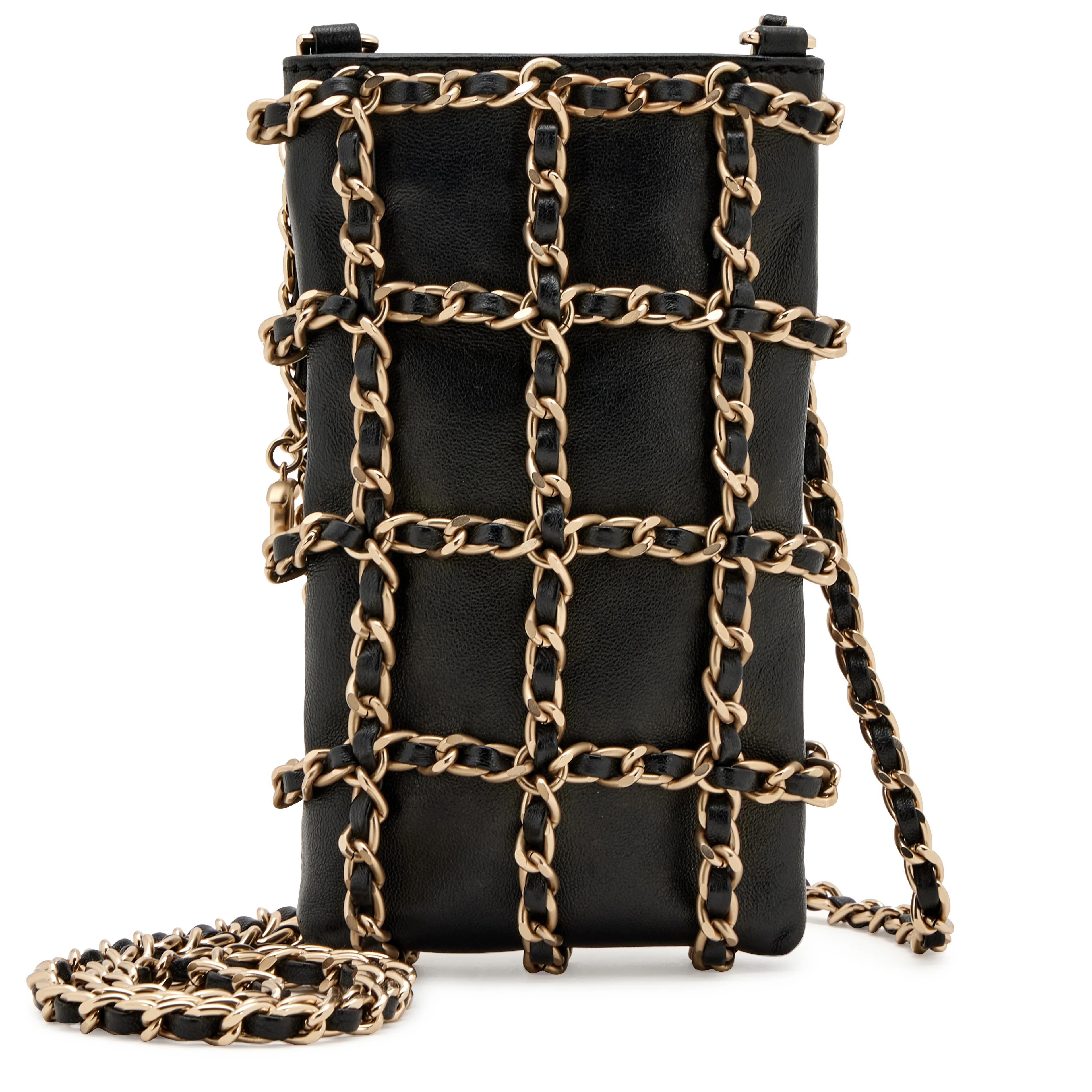 Black Lambskin Tech Me Out Clutch With Chain Pale Gold Hardware, 2019
