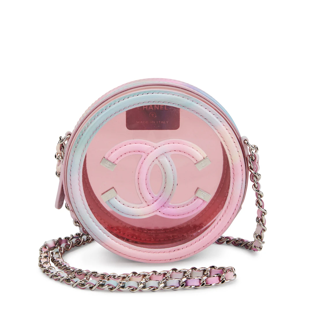 Multicolor Patent Calfskin and PVC Filigree Round Clutch with Chain