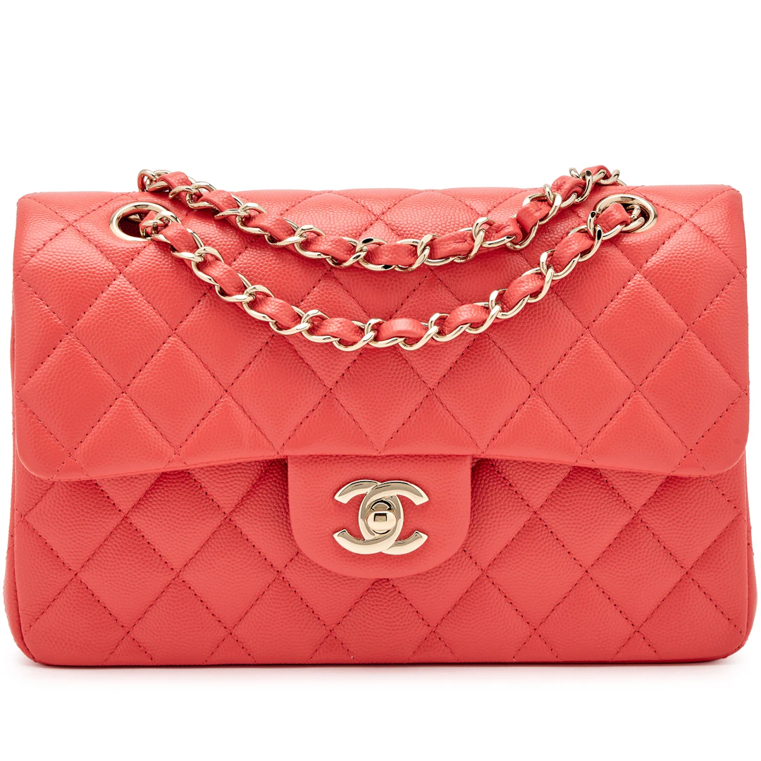 Coral Pink Quilted Caviar Small Classic Double Flap Light Gold Hardware, 2021
