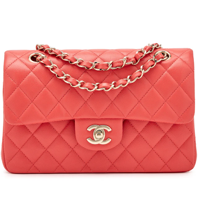 Coral Pink Quilted Caviar Small Classic Double Flap Light Gold Hardware, 2021