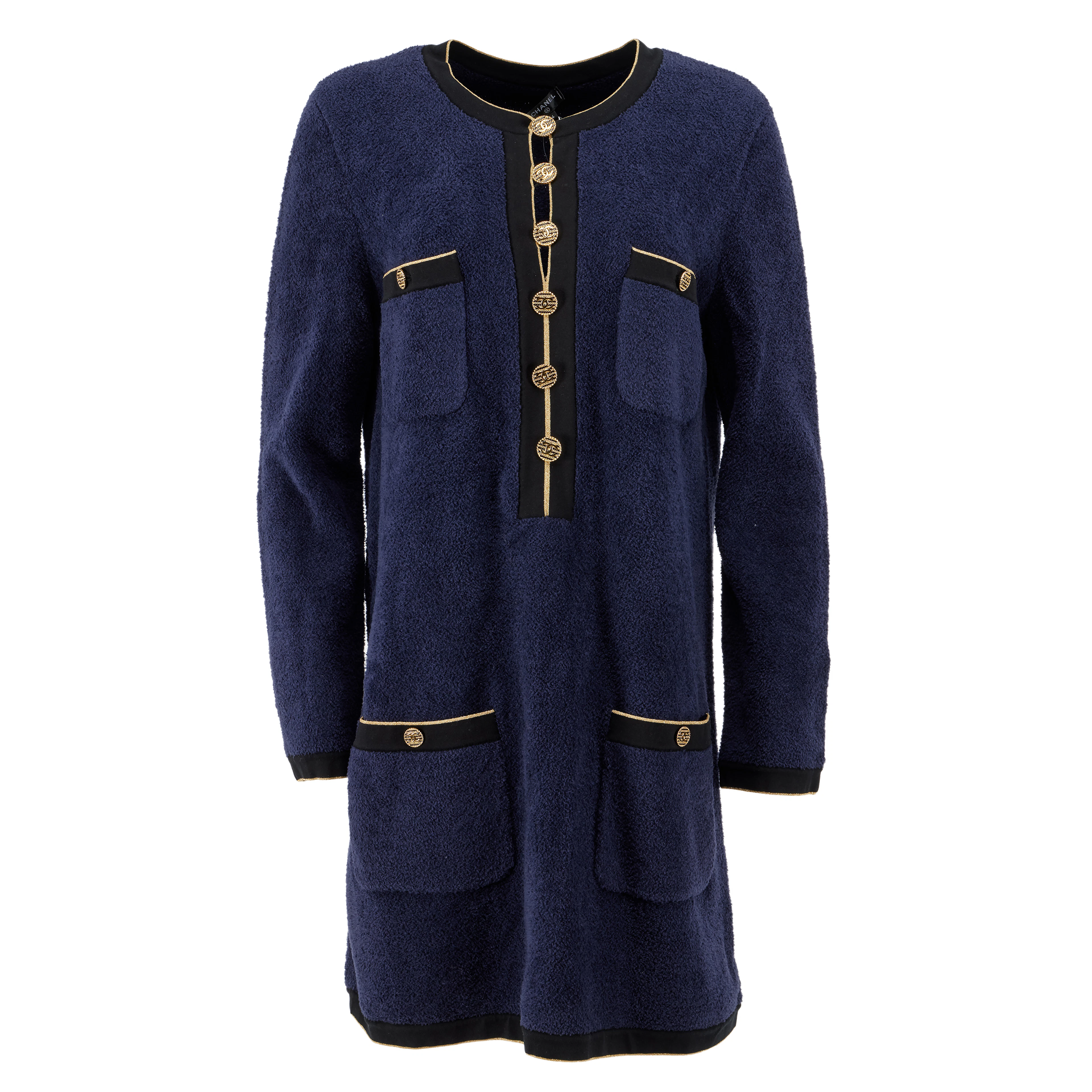 Navy, Black, and Gold Terry Cotton Mid-Length Dress, 2019