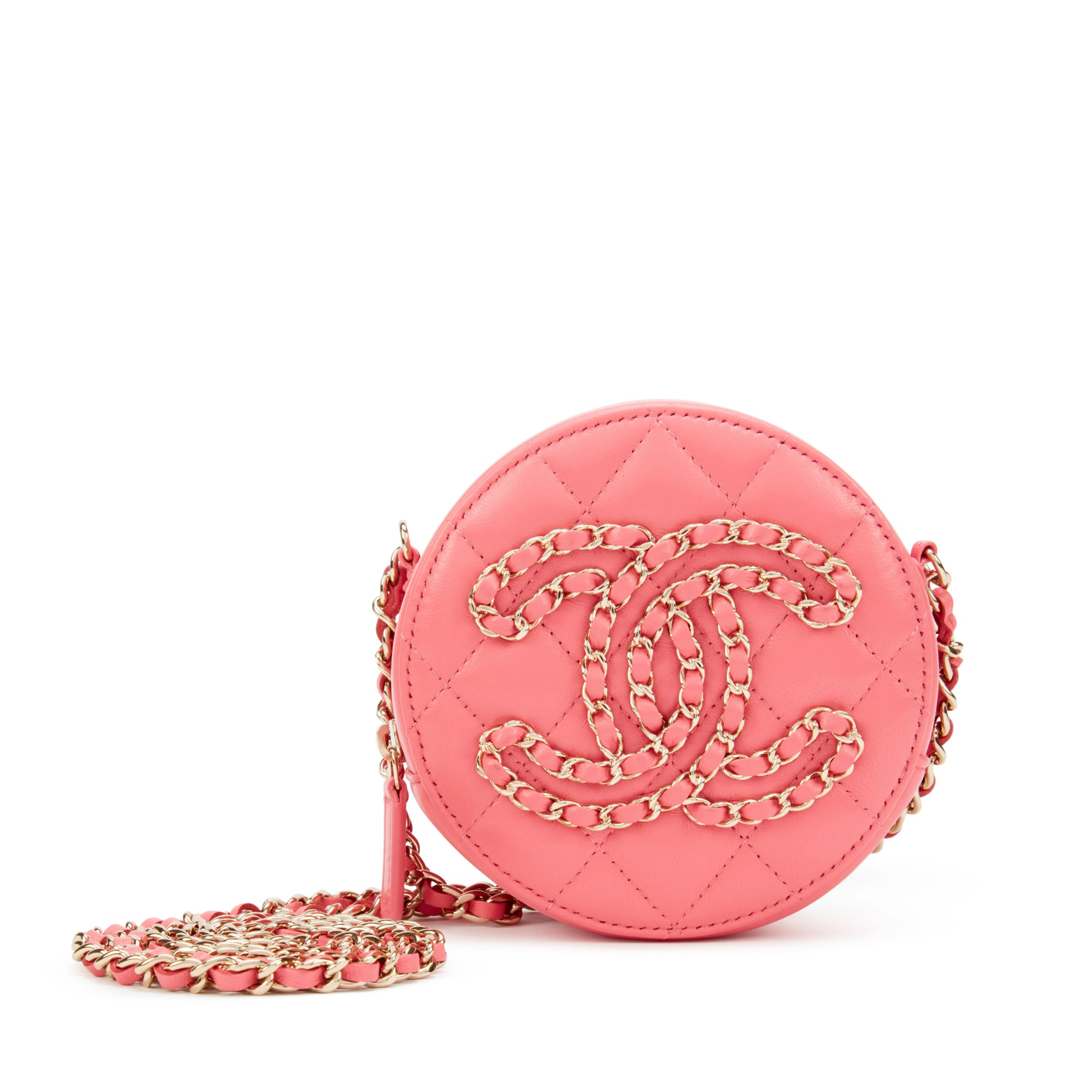 Pink Quilted Lambskin Leather CC Round Clutch with Chain Gold Hardware