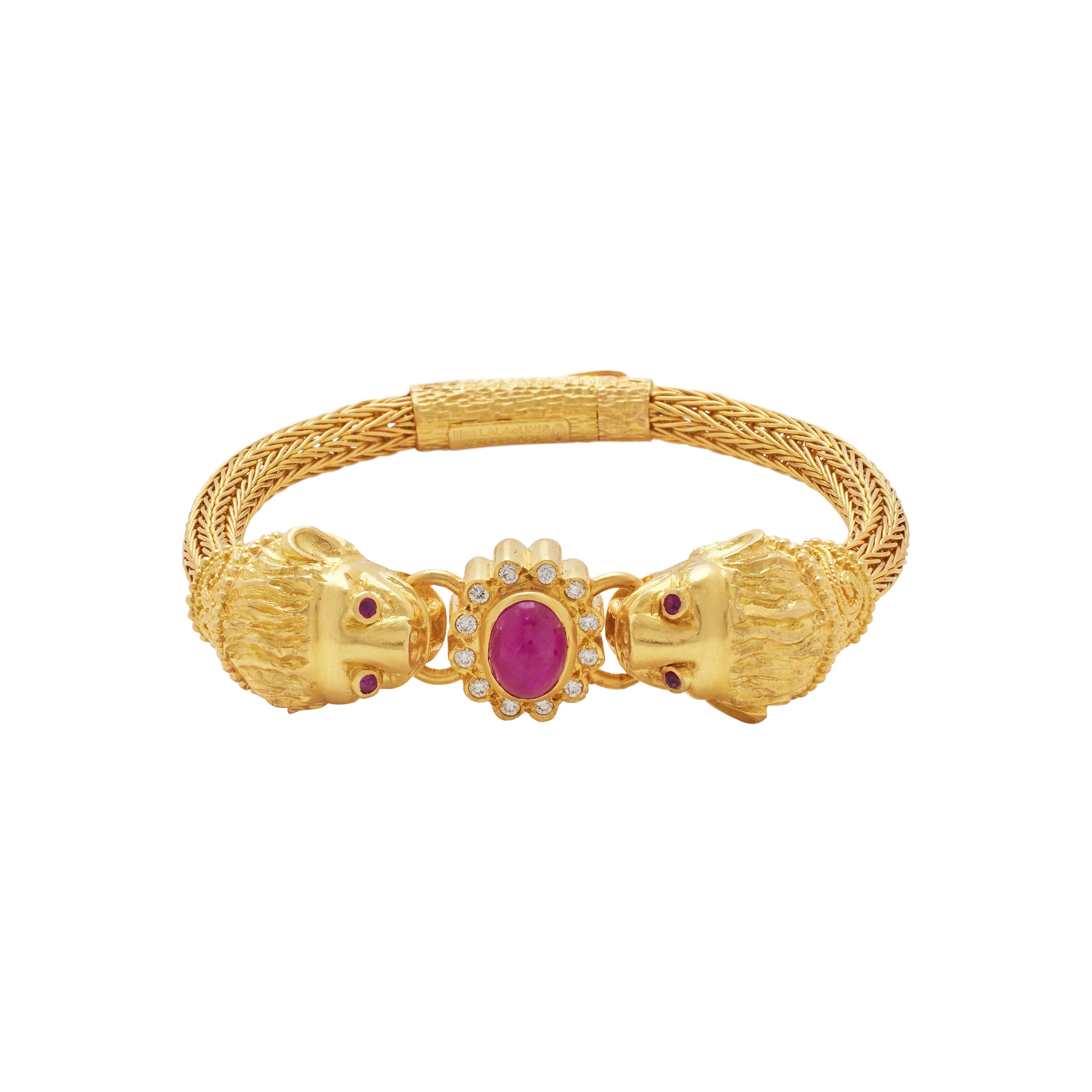 Gold, Ruby and Diamond Double Lion Head Bracelet