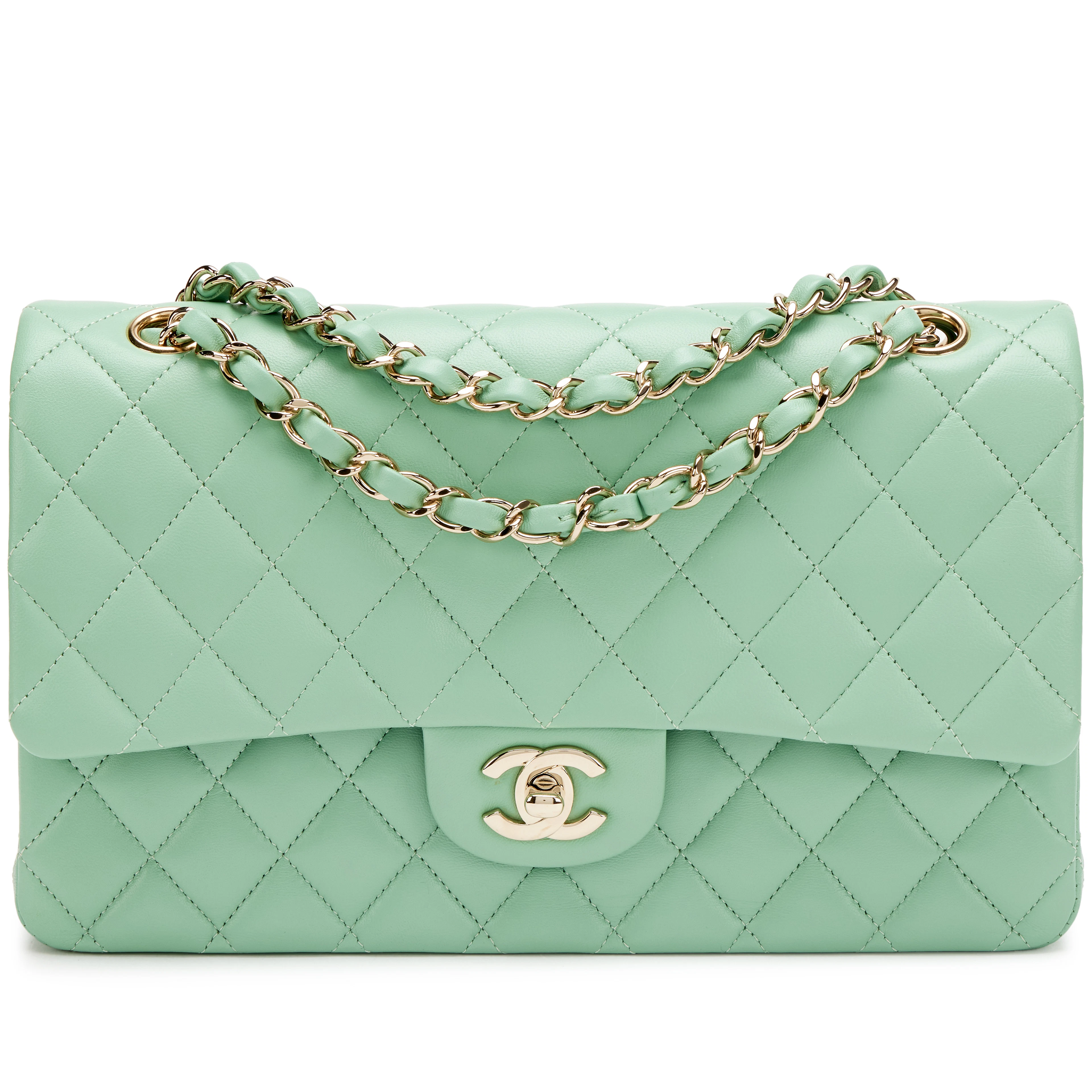Light Green Quilted Lambskin Medium Classic Double Flap Bag Light