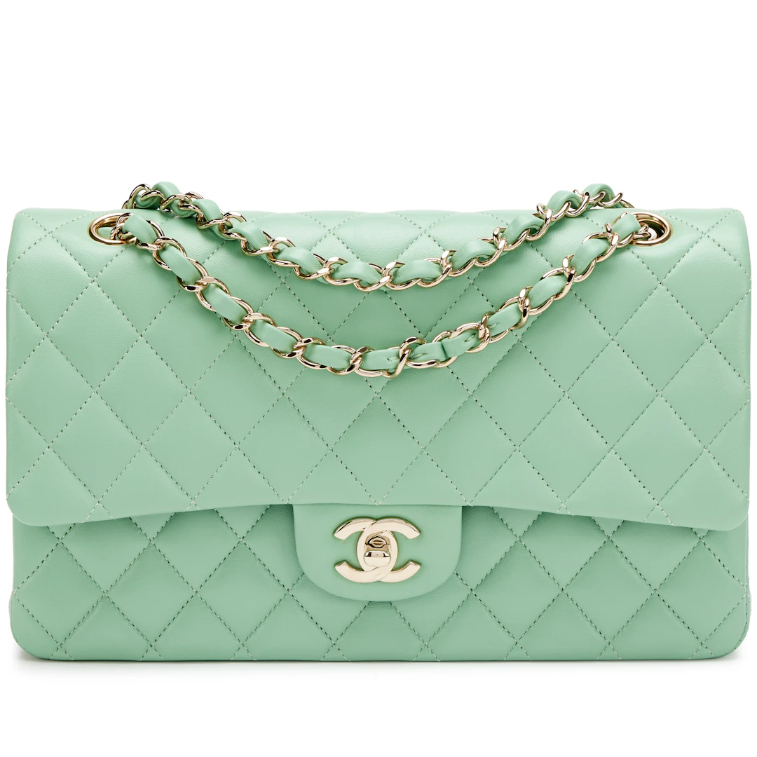 Light Green Quilted Lambskin Medium Classic Double Flap Bag Light