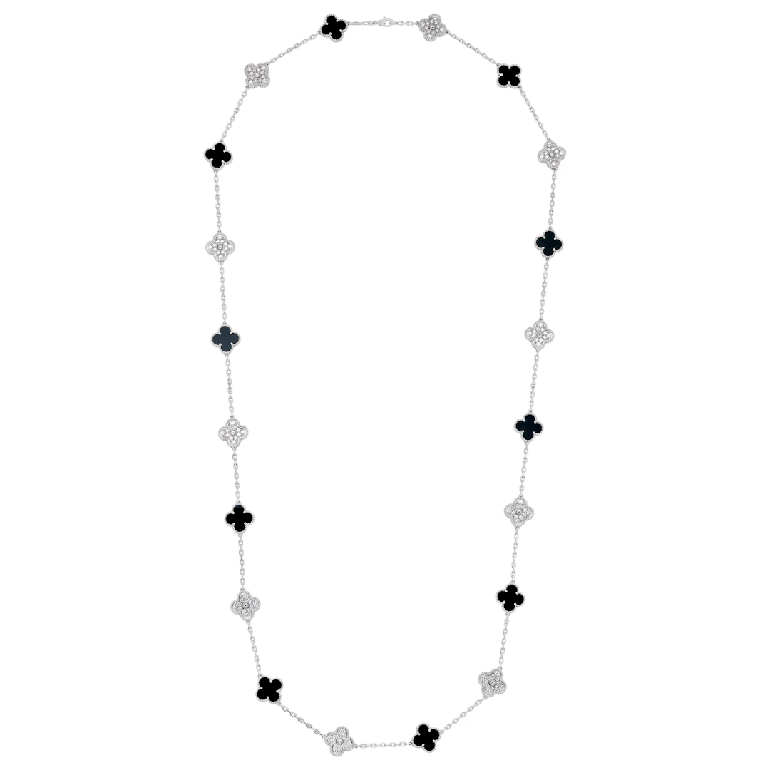 White Gold, Onyx and Diamond 20 Motif Vintage Alhambra Necklace