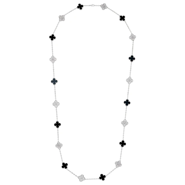 White Gold, Onyx and Diamond 20 Motif Vintage Alhambra Necklace