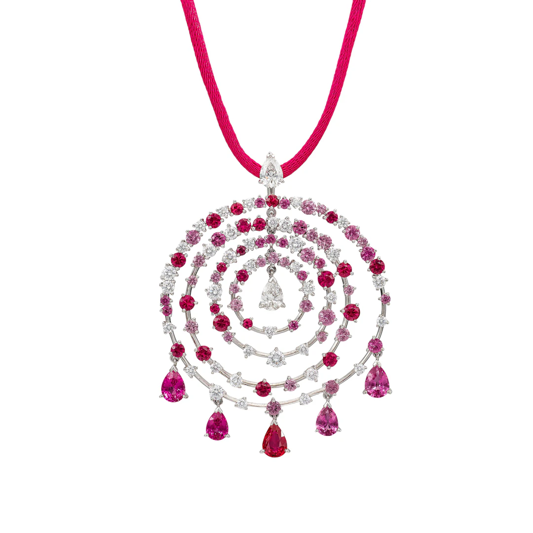 White Gold, Ruby, Pink Sapphire and Diamond 'Petillante' Pendant Necklace