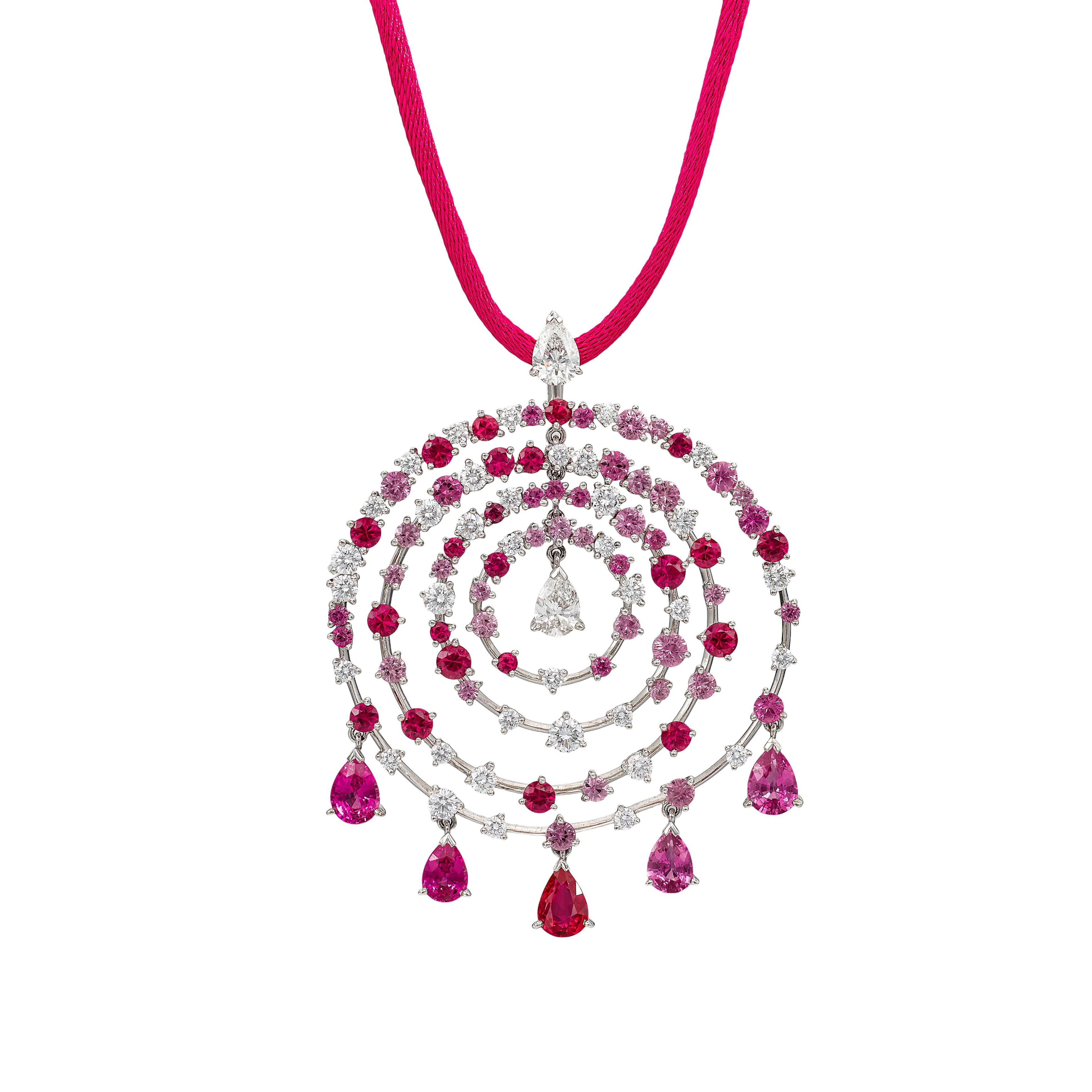 White Gold, Ruby, Pink Sapphire and Diamond 'Petillante' Pendant Necklace