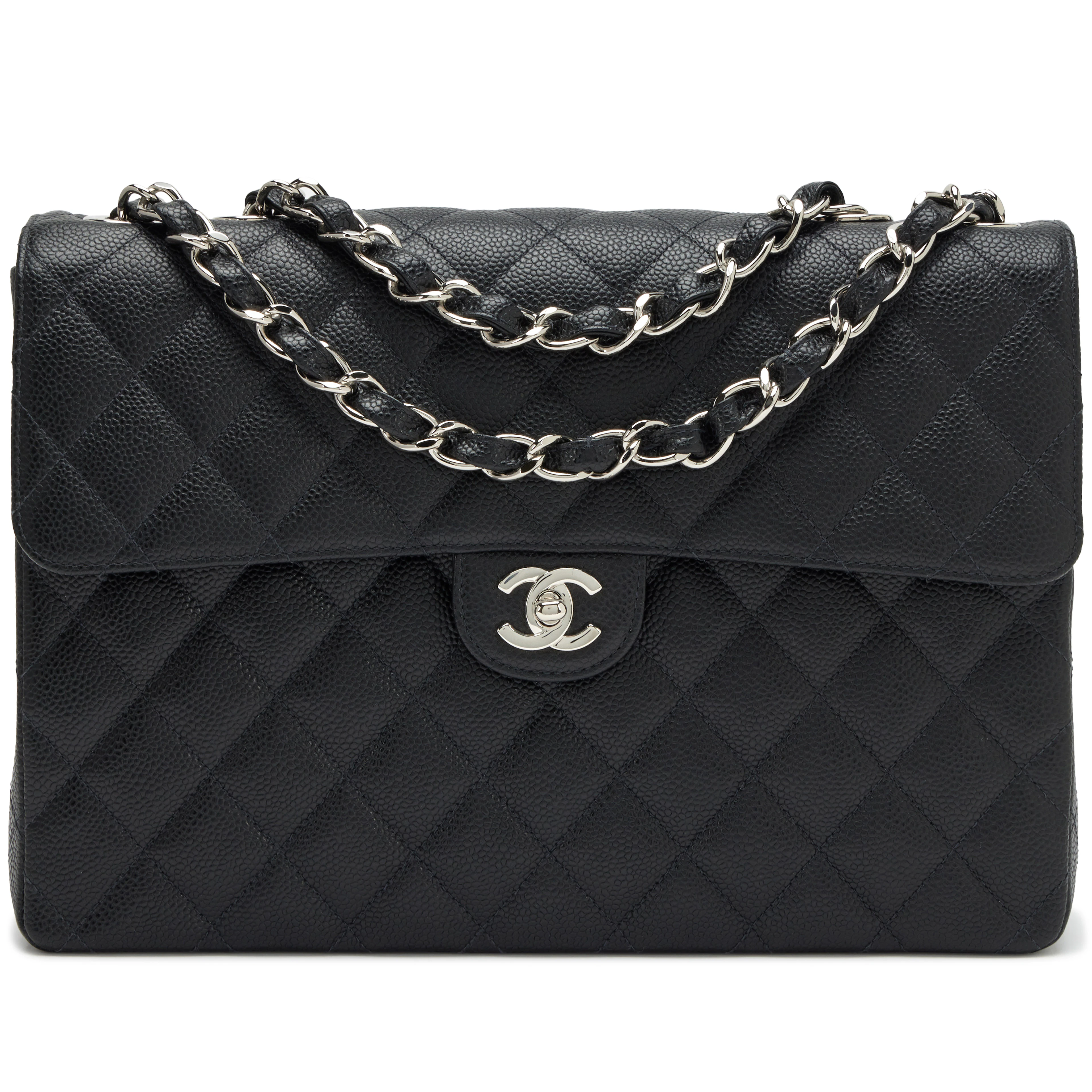 Black Quilted Caviar Square Classic Jumbo Flap Bag Silver Hardware, 2004-2005